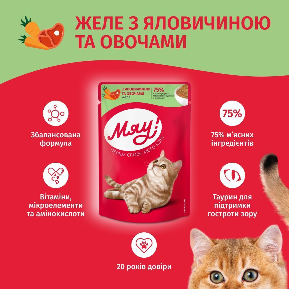 Упаковка вологого корму Мяу для дорослих котів желе з телятиною та овочами 24х85г (B2250801)фото