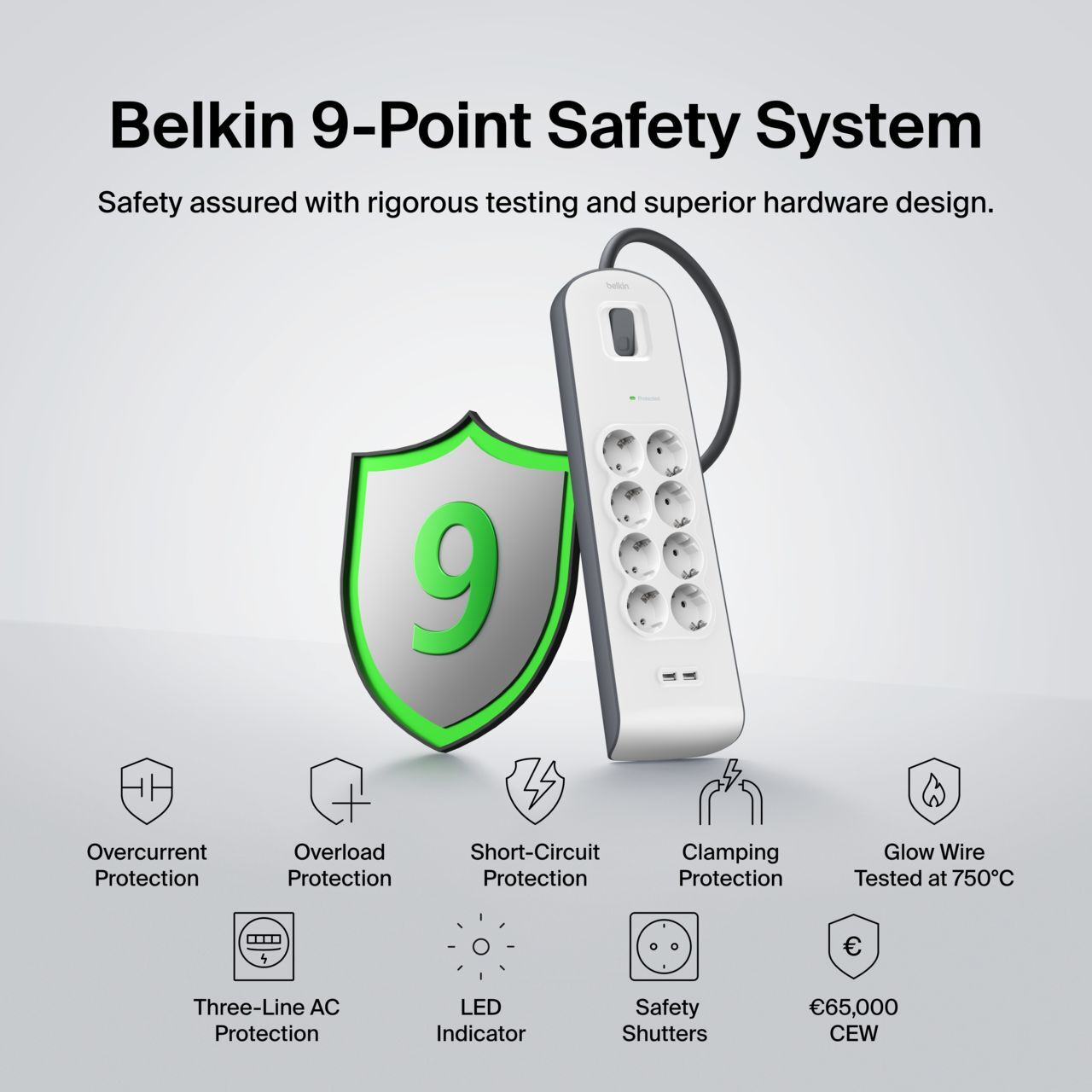Сетевой фильтр Belkin 8хТип F, 2xUSB-A, 16А, защитой от перенапряжения (BSV804VF2M-V2) фото 