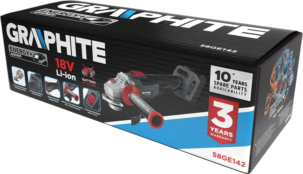 Шліфмашина кутова акумуляторна GRAPHITE Energy+ 18В 125 мм (без АКБ та ЗП), (58GE142)фото