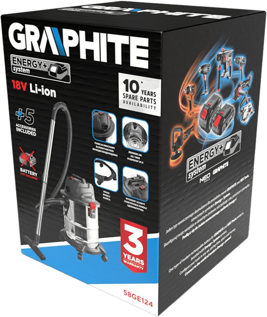 Пылесос профессиональный аккумуляторный GRAPHITE Energy+ 18В (без АКБ и ЗУ), (58GE124) фото