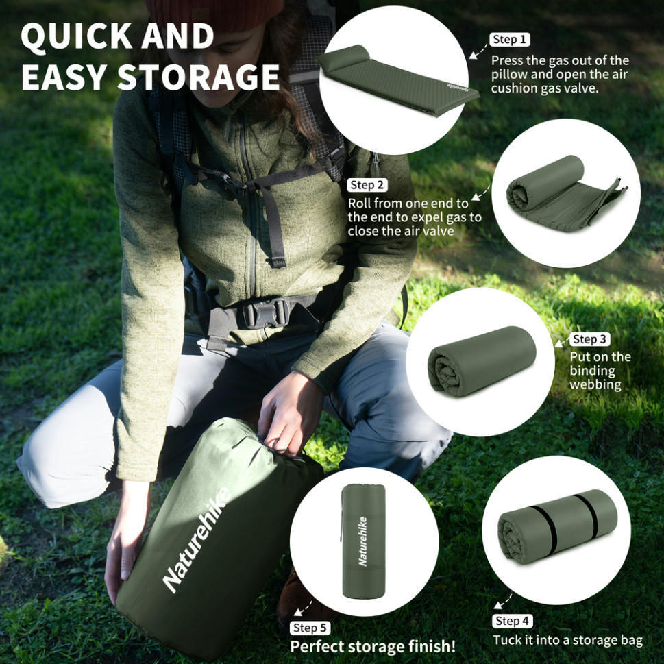 Килимок самонадувальний одномісний з подушкою Naturehike CNK2450WS020, 100 мм, темно-зеленийфото4