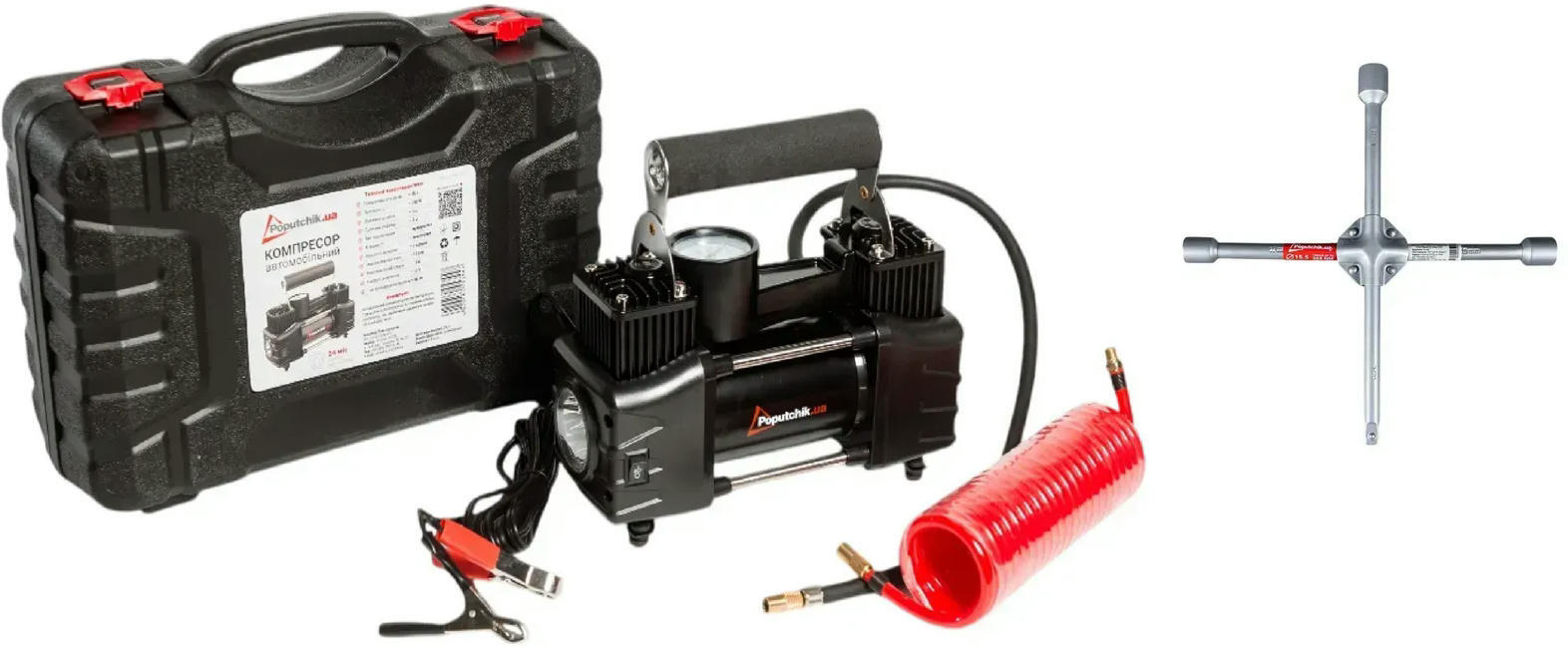 Комплект: автокомпресор Poputchik 85л/хв у кейсі з хрестоподібним ключем (13015-КК)фото3