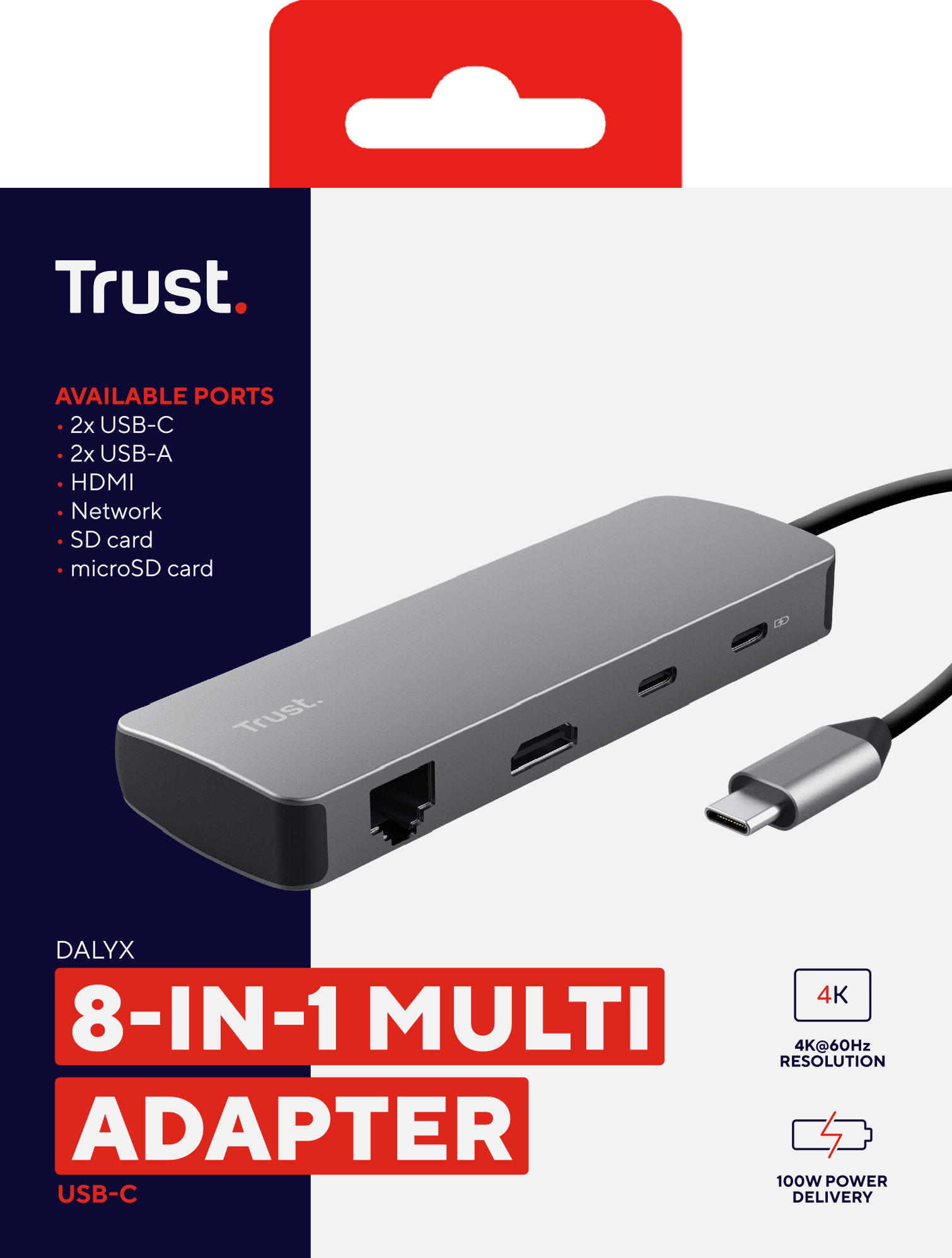 Адаптер Trust Dalyx 8in1 USB-C - USB-А 3.2/USB-A 2.0/2xUSB-С/HDMI/Ehernet/SD/microSD 0.5m Gray (25672_TRUST) фото 