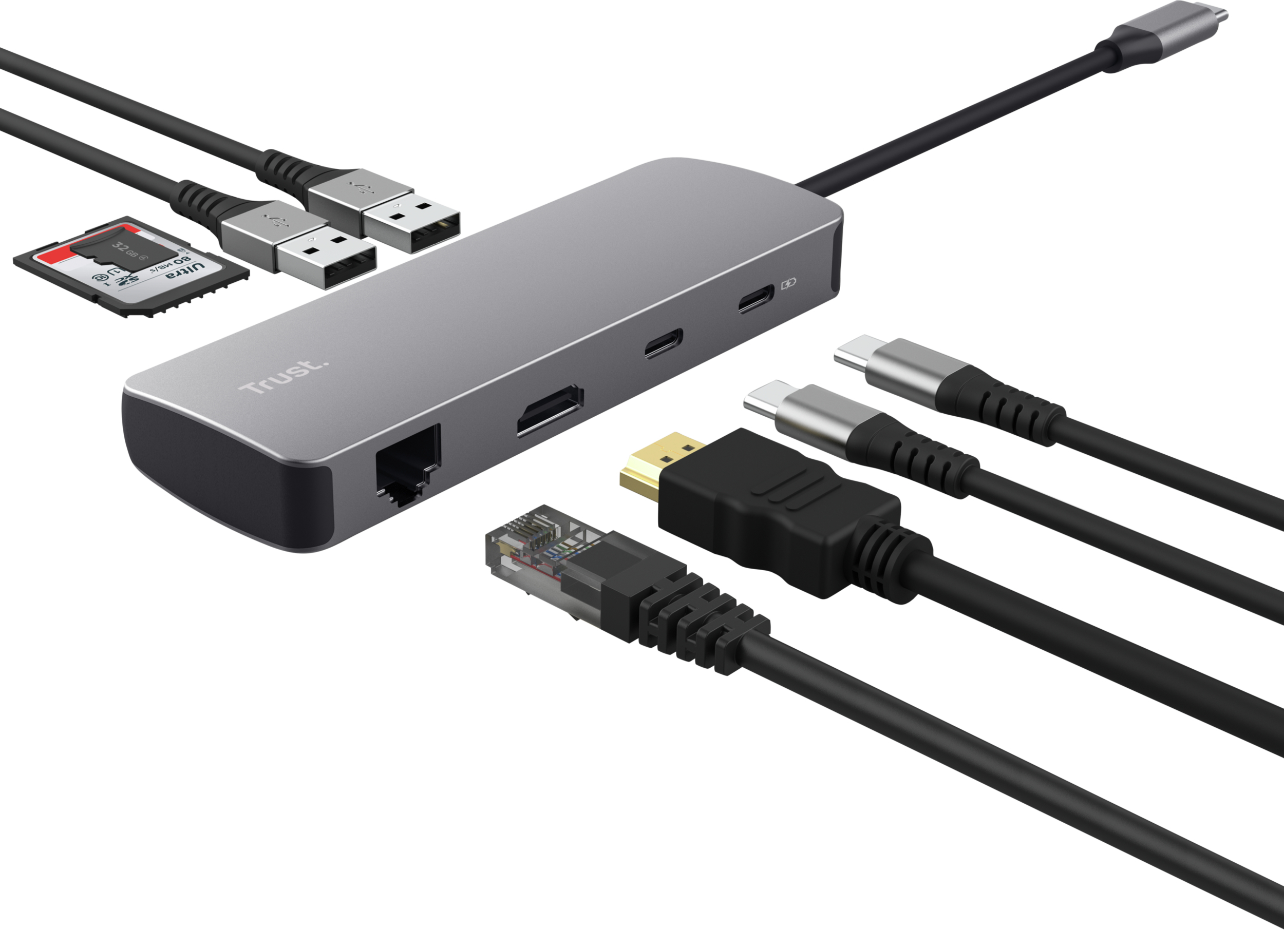 Адаптер Trust Dalyx 8in1 USB-C - USB-А 3.2/USB-A 2.0/2xUSB-С/HDMI/Ehernet/SD/microSD 0.5m Gray (25672_TRUST) фото 