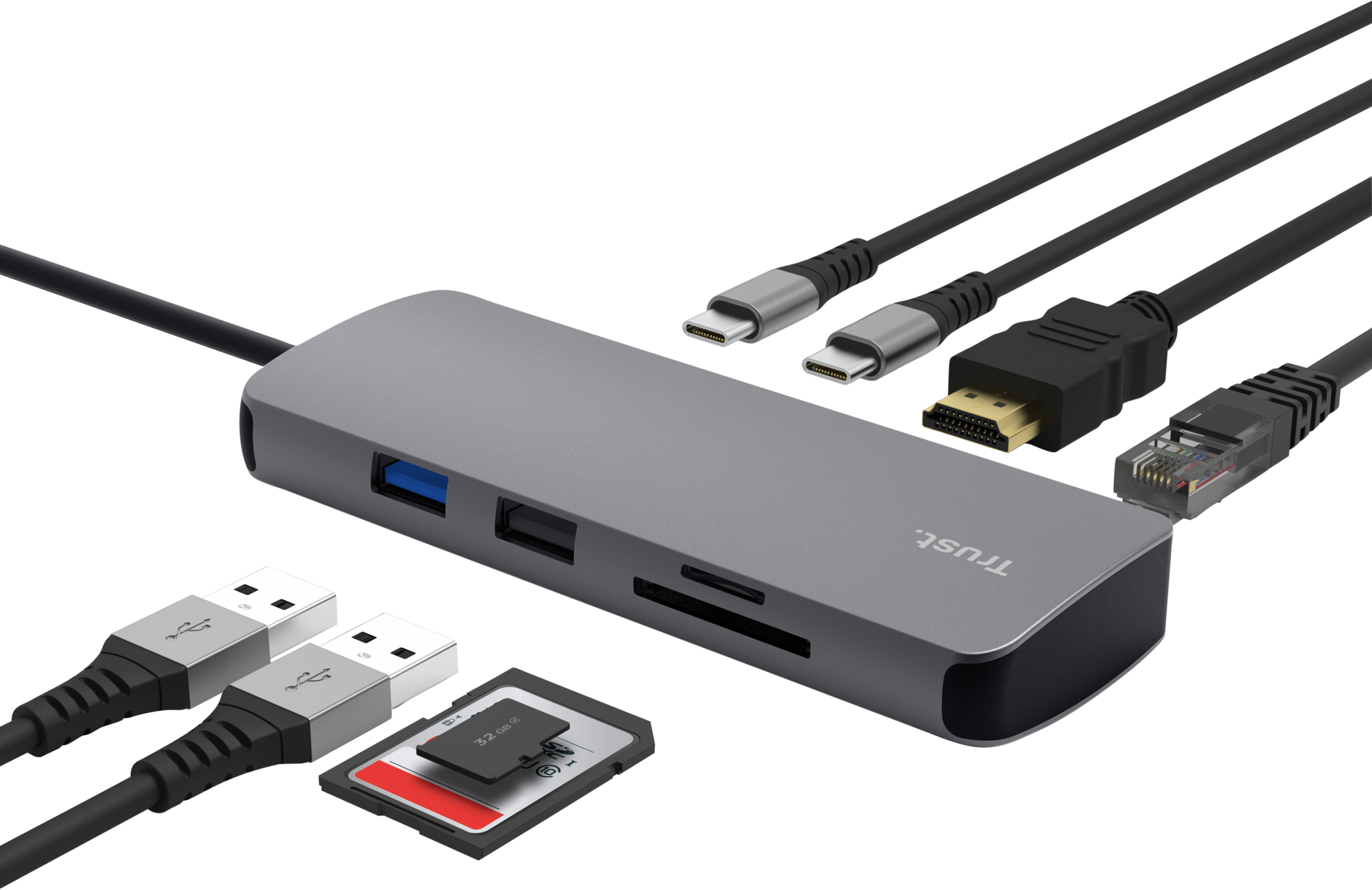 Адаптер Trust Dalyx 8in1 USB-C - USB-А 3.2/USB-A 2.0/2xUSB-С/HDMI/Ehernet/SD/microSD 0.5m Gray (25672_TRUST) фото 