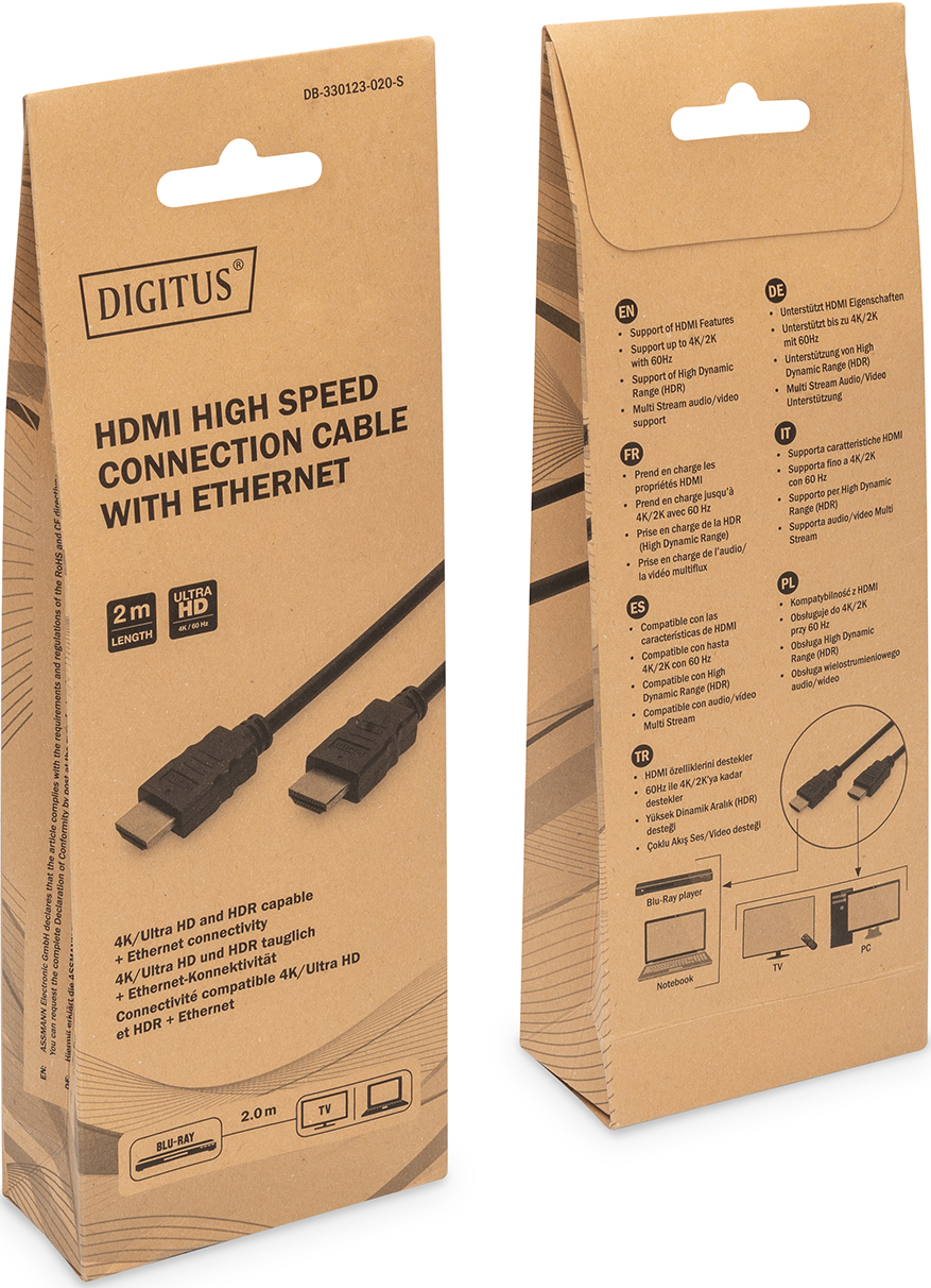 Кабель DIGITUS HDMI UHD 4K, w/Ethernet, type A, M/M 2m (DB-330123-020-S)фото3