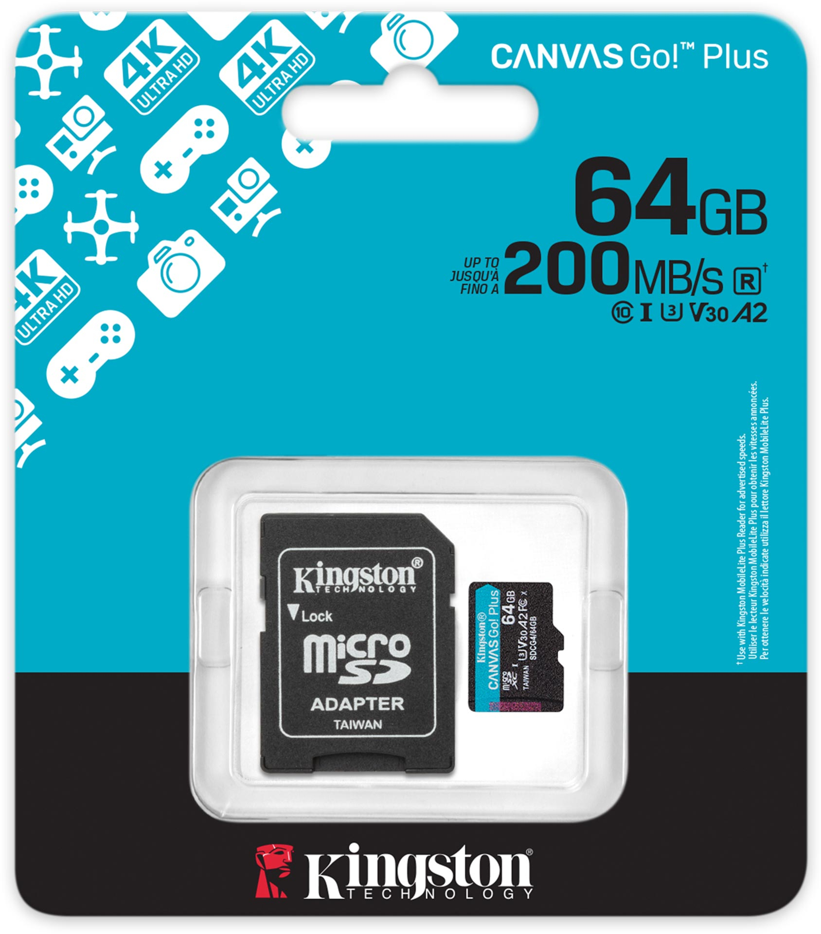 Карта памяти Kingston microSD 64GB C10 UHS-I U3 A2 V30 R200MB/s + SD-адаптер (SDCG4/64GB) фото 3