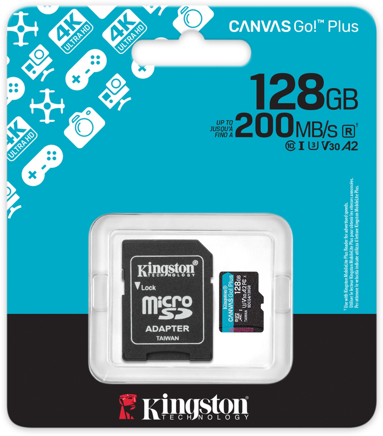 Карта памяти Kingston microSD 128GB C10 UHS-I U3 A2 V30 R200MB/s + SD-адаптер (SDCG4/128GB) фото