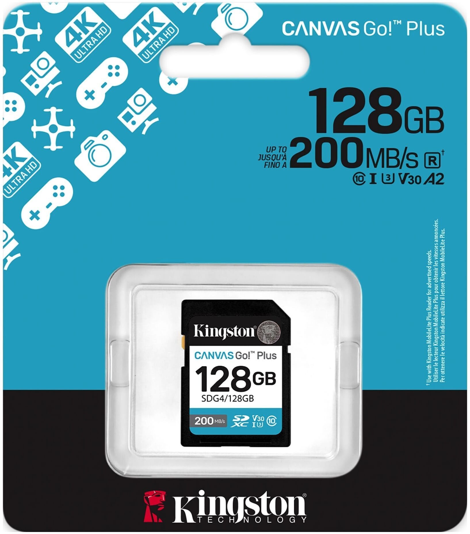 Карта пам'яті Kingston SD 128GB C10 UHS-I U3 V30 R200MB/s (SDG4/128GB)фото