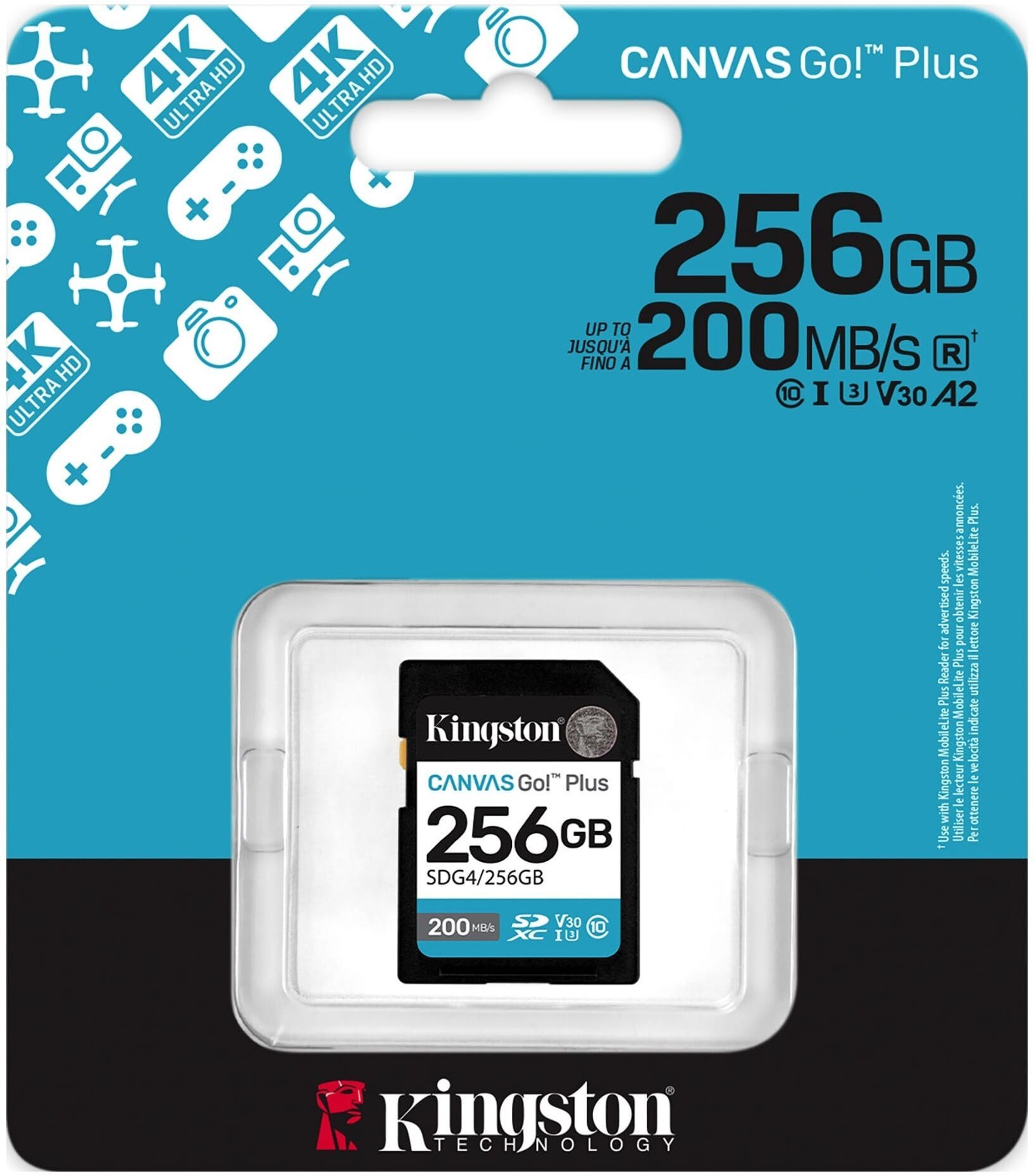 Карта пам'яті Kingston SD 256GB C10 UHS-I U3 V30 R200/W160MB/s (SDG4/256GB)фото