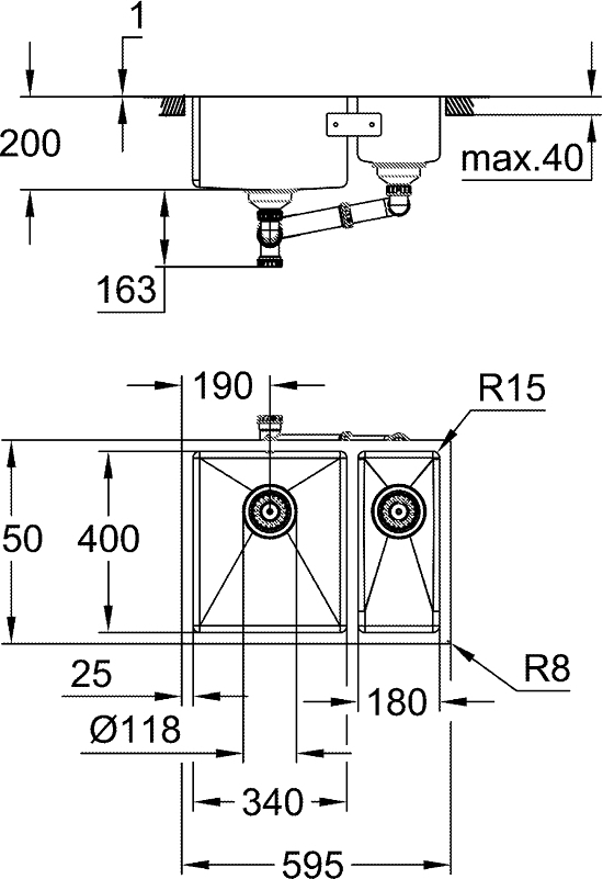 Мойка кухонная Grohe K700U, прямоуг., без крыла, 595х450х200мм, чаша - 2, врезная, нерж. сталь фото 2