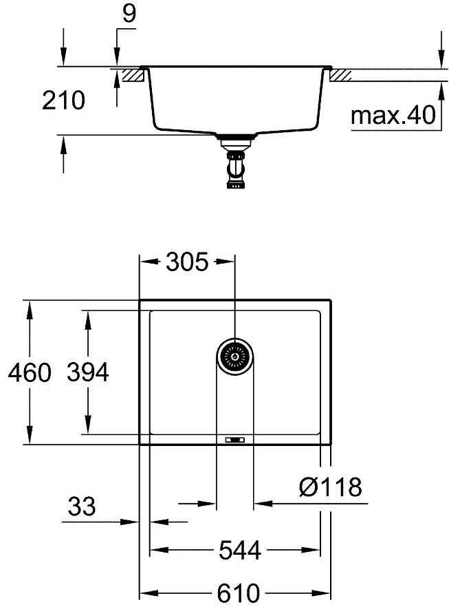 Мийка кухонна Grohe K700U кварц. композит, прямокут., без крила, 610х460х210мм, чаша - 1, врізна, чорний гранітфото2