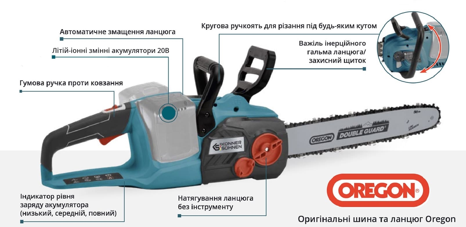 Пила ланцюгова акумуляторна Konner&amp;Sohnen KS CS40V-14 40В(20+20В), АКБ 2х4Аг (KSCS40V-14SET)фото