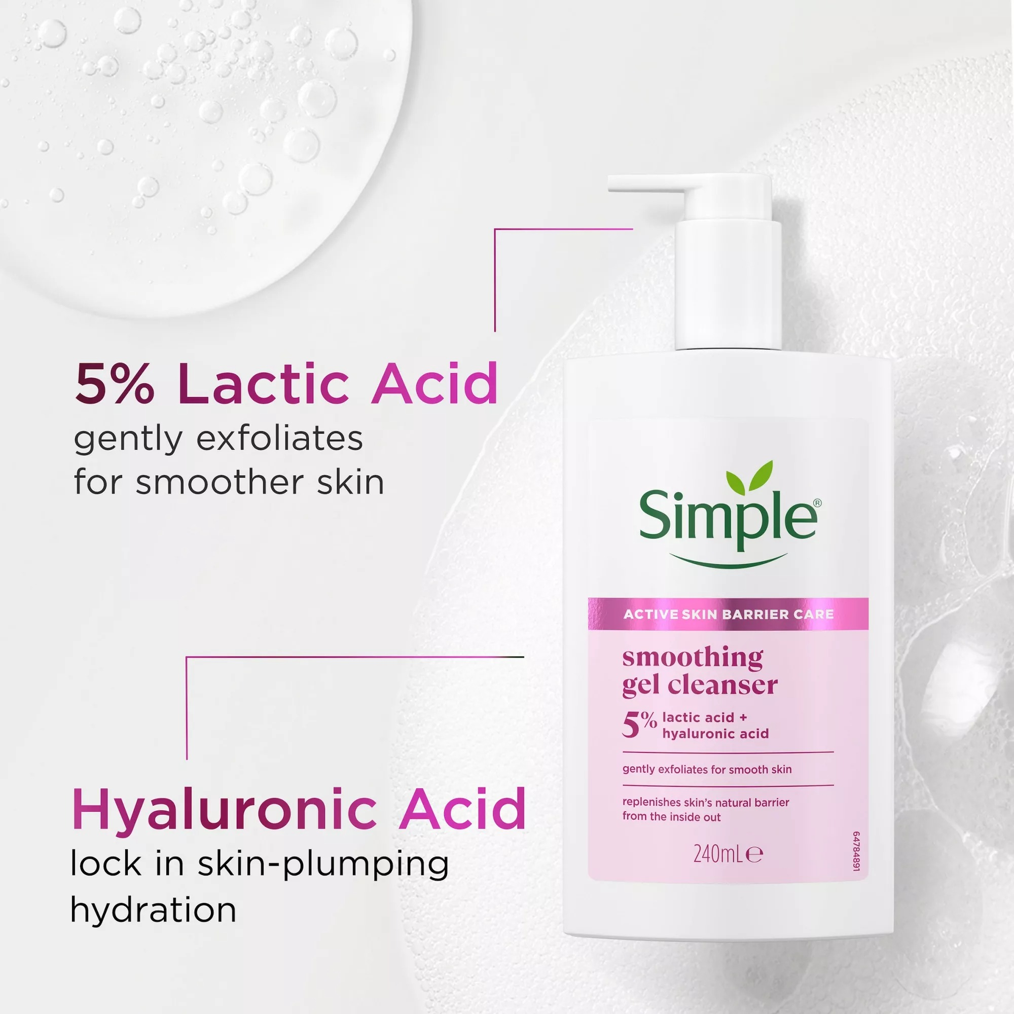Крем для вмивання Simple Activ Skin Smoothing Gel Cleanser з гіалуроновою та молочною кислотами 240 млфото4