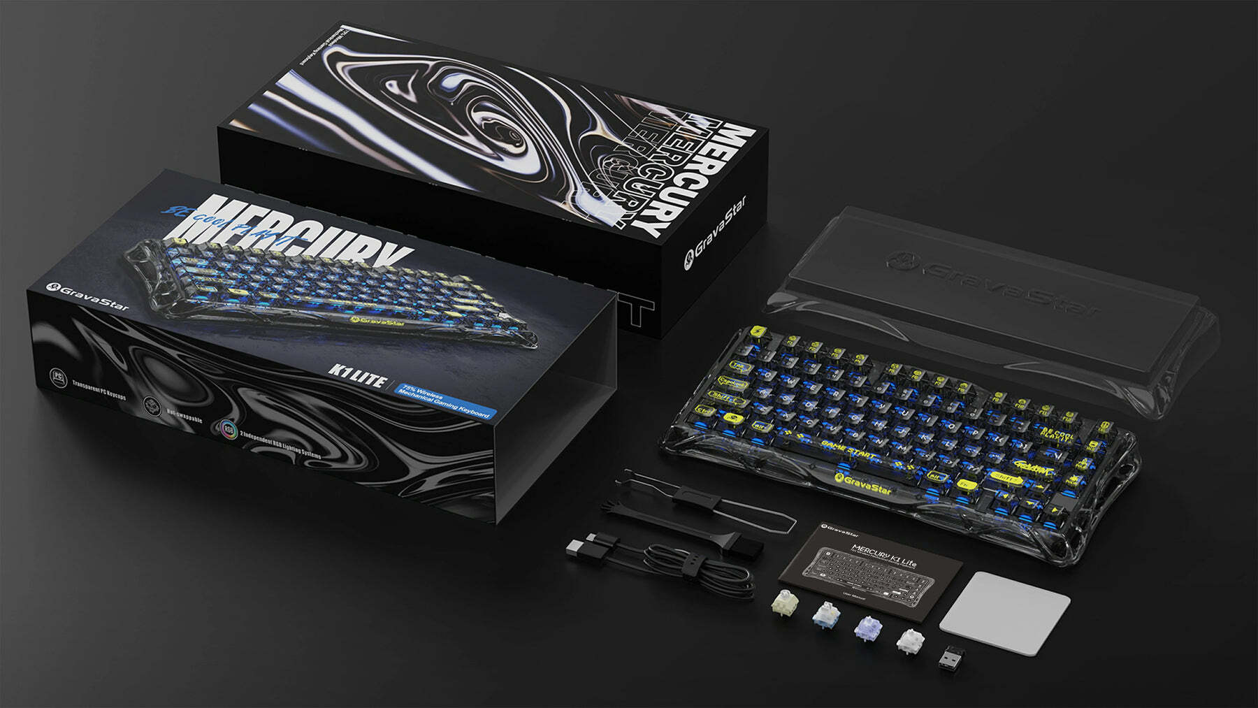 Клавіатура GravaStar Mercury K1 Lite BSUN Grey , EN, BT/WL/USB, Transparent Black (GS_K1_LITE_XTAL_BLK)фото