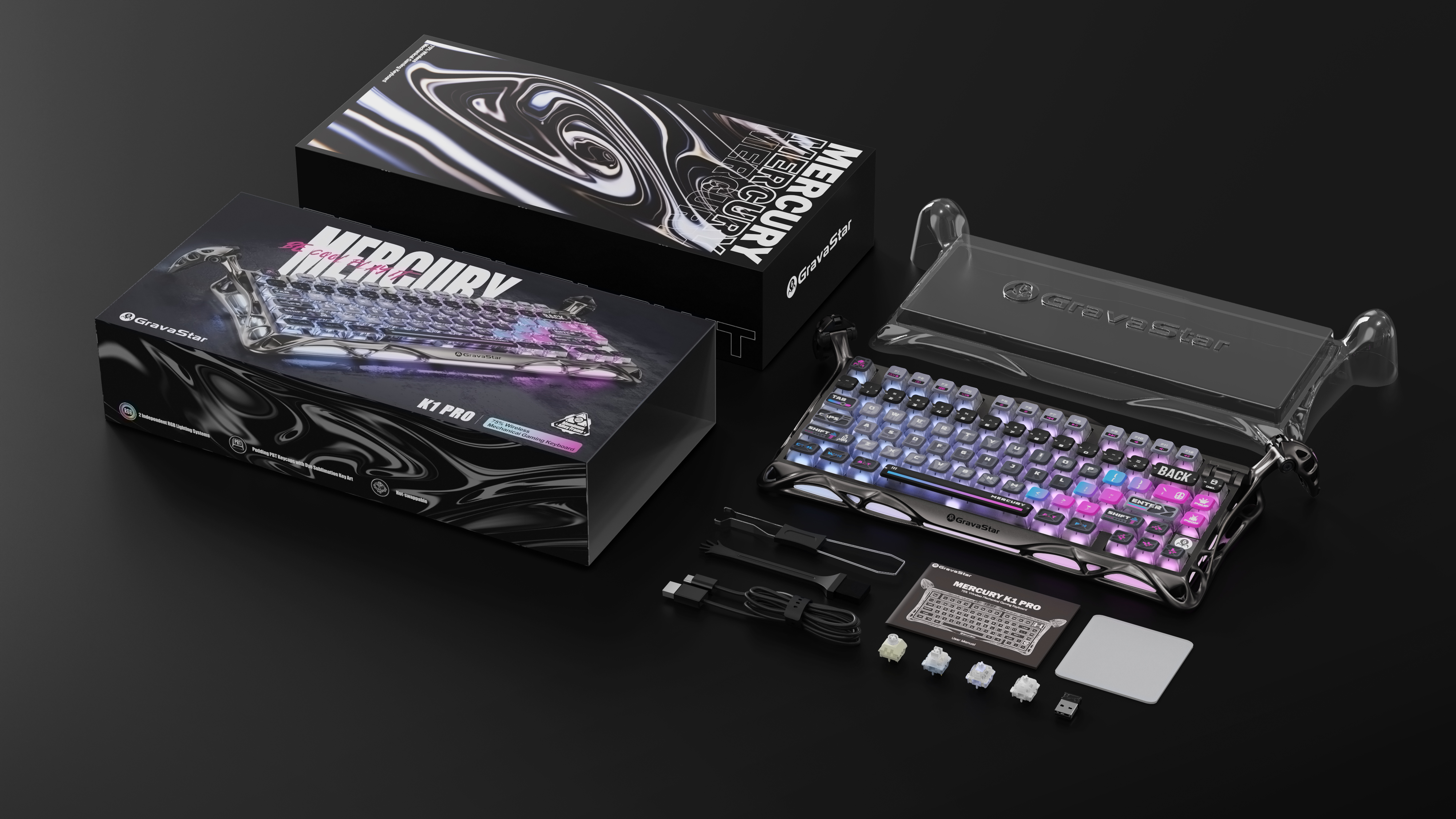 Клавіатура GravaStar Mercury K1 Pro Kailh Speedy Mint BT/WL/USB, Cyberpunk (GSK1PRO_CBLK)фото13