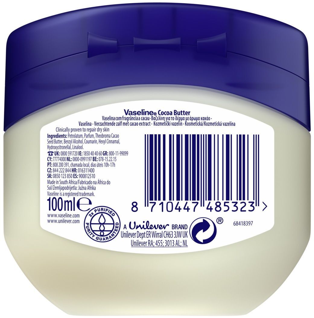 Косметический вазелин для кожи Vaseline увлажняющий с какао-маслом 100 мл. фото 2