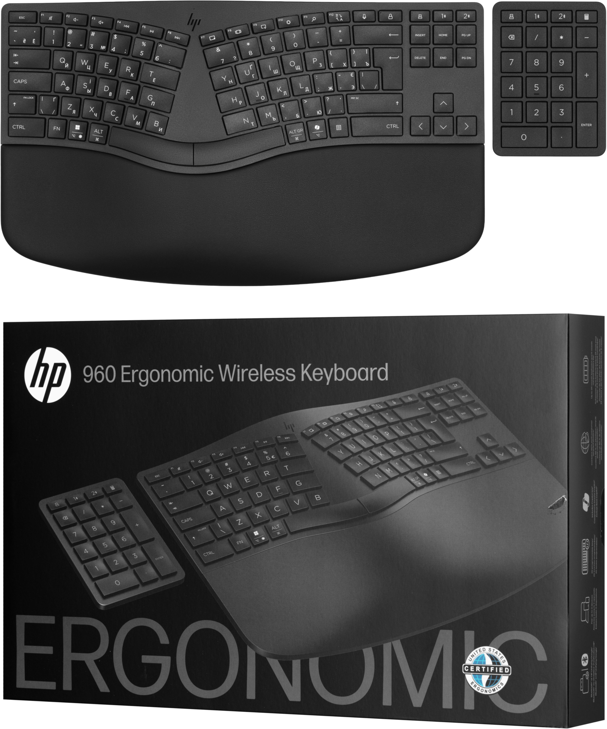 Клавиатура HP 960 BLK Ergonomic split-zone, 112key, BT, EN/UK, Black (7E755AA) фото