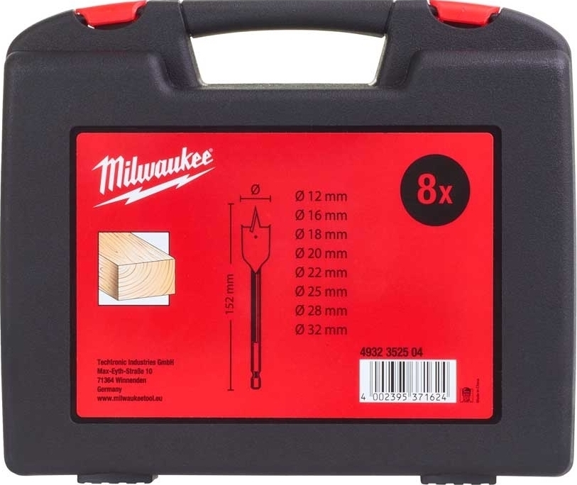 Свердло по дереву перове Milwaukee, набір 8шт, 12-32мм, шестигранний хвостовик, кейс (4932352504)фото