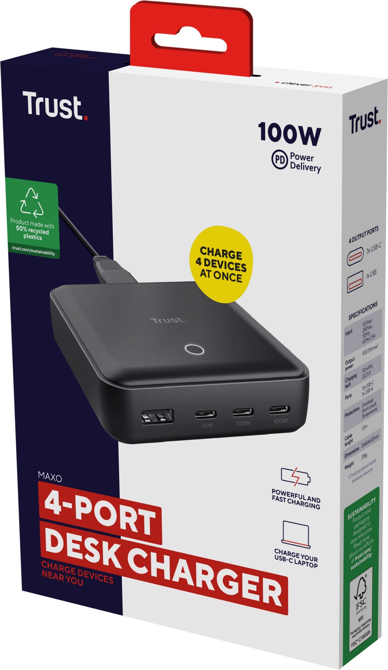 Зарядное устройство сетевое Trust Maxo 100Вт, 3xUSB-C/USB-A ,PD, Black (25242_TRUST) фото 6