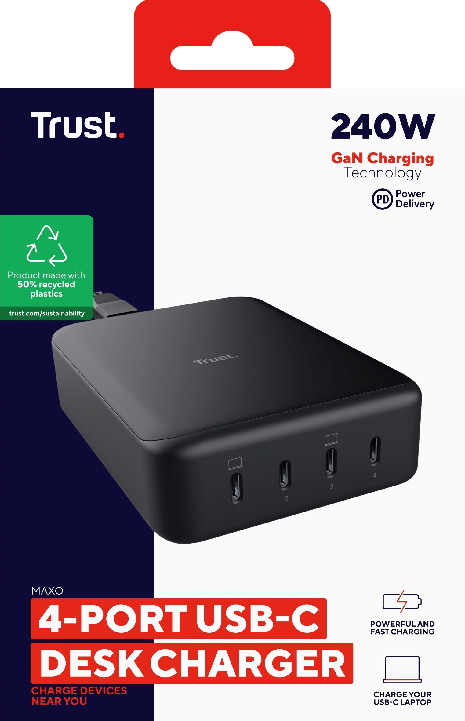 Зарядное устройство сетевое Trust Maxo 240Вт,GaN, 4xUSB-C,PD, Black фото 6