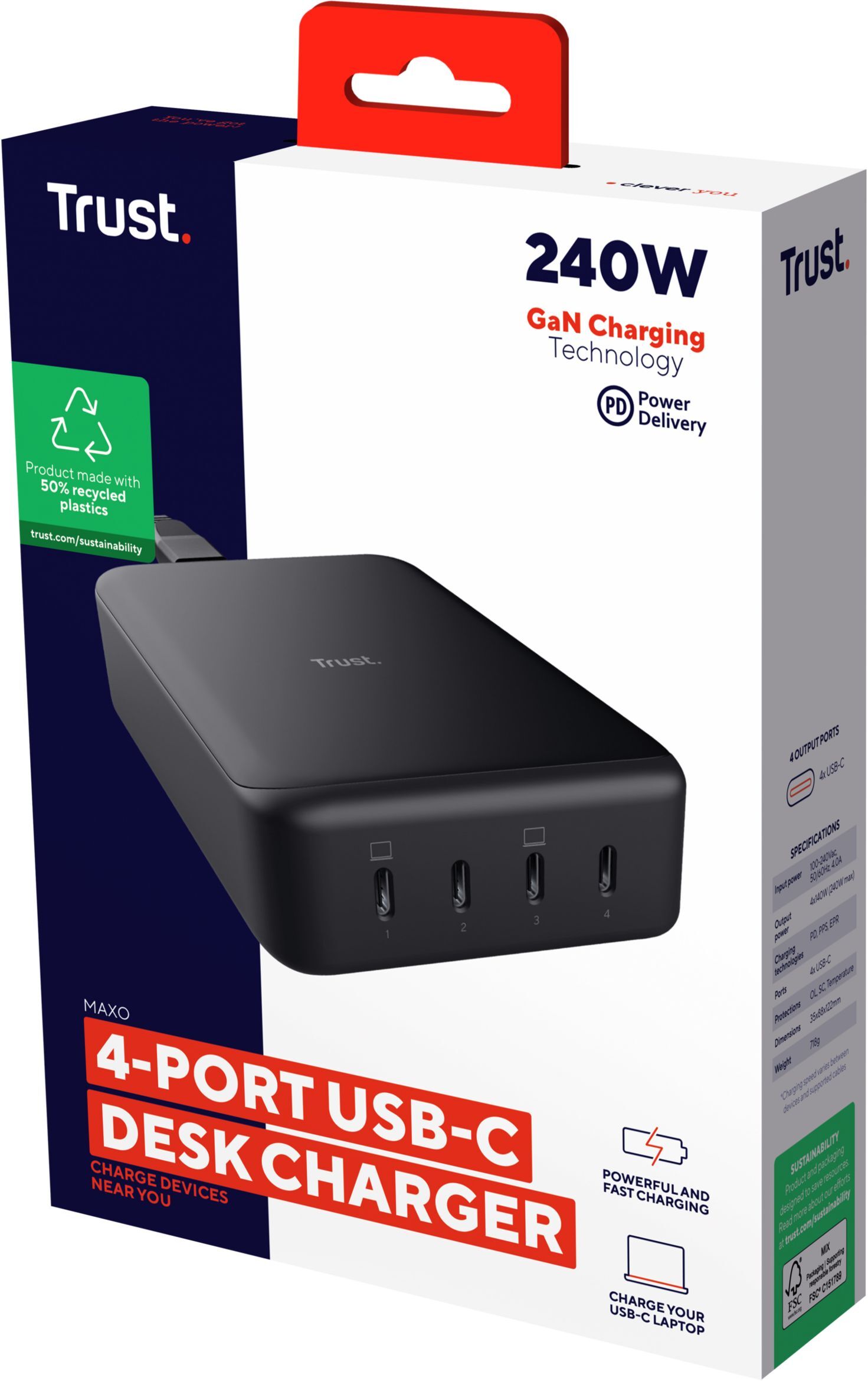 Зарядное устройство сетевое Trust Maxo 240Вт,GaN, 4xUSB-C,PD, Black фото 7