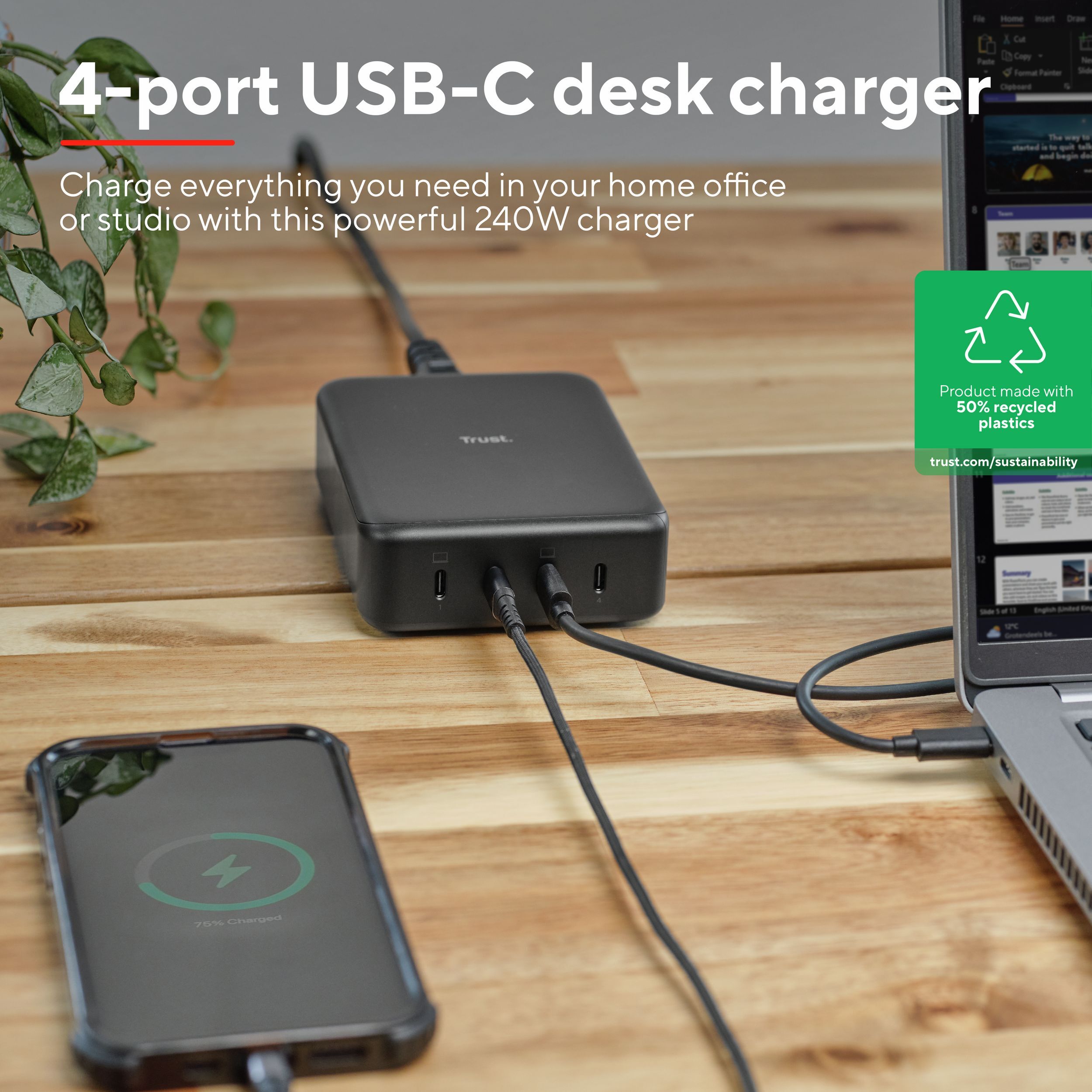 Зарядное устройство сетевое Trust Maxo 240Вт,GaN, 4xUSB-C,PD, Black фото 9