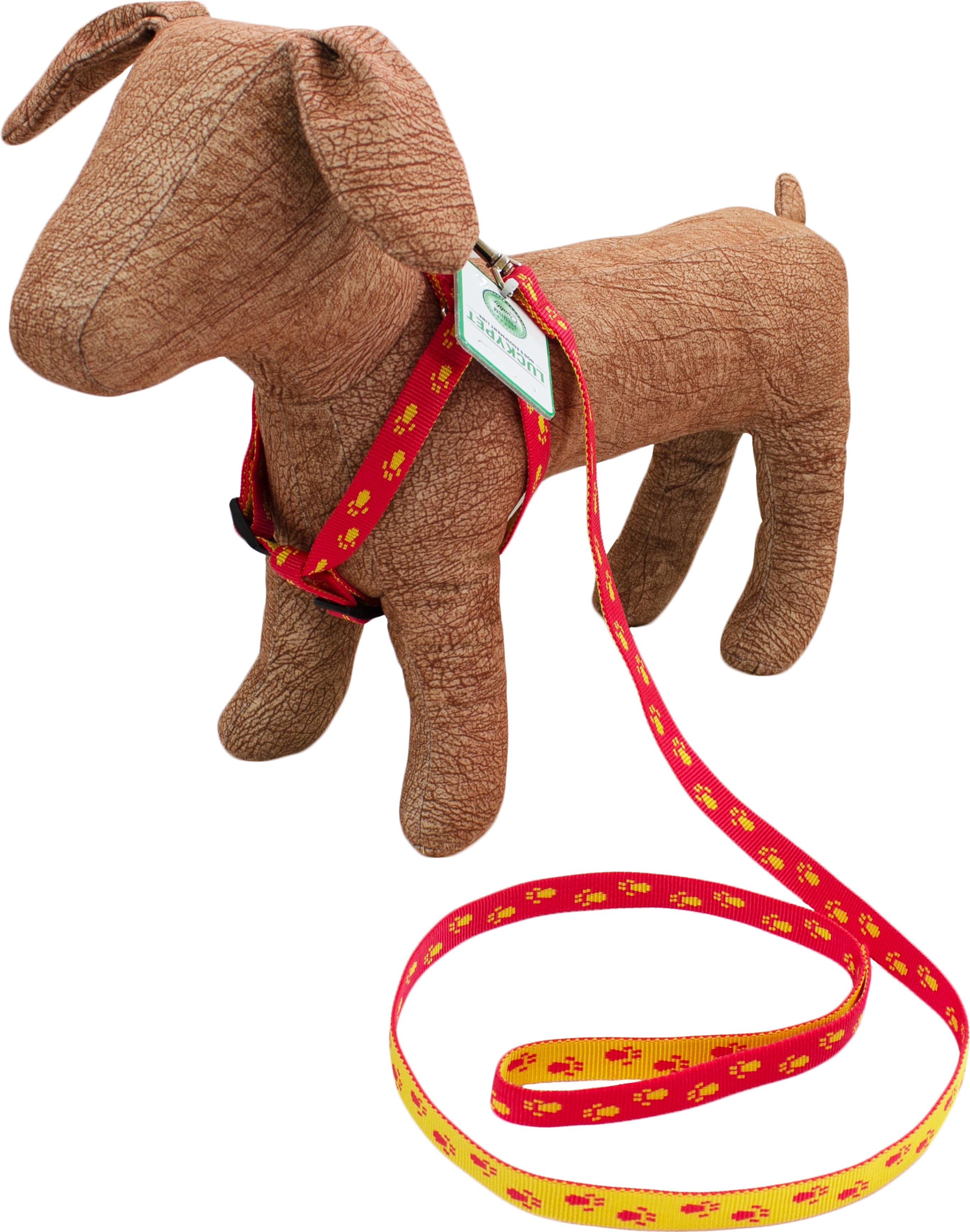 Комплект Lucky Pet поводок+шлея капроновый Лапки красно-желтый 16мм/28-39см/31-48см фото 2