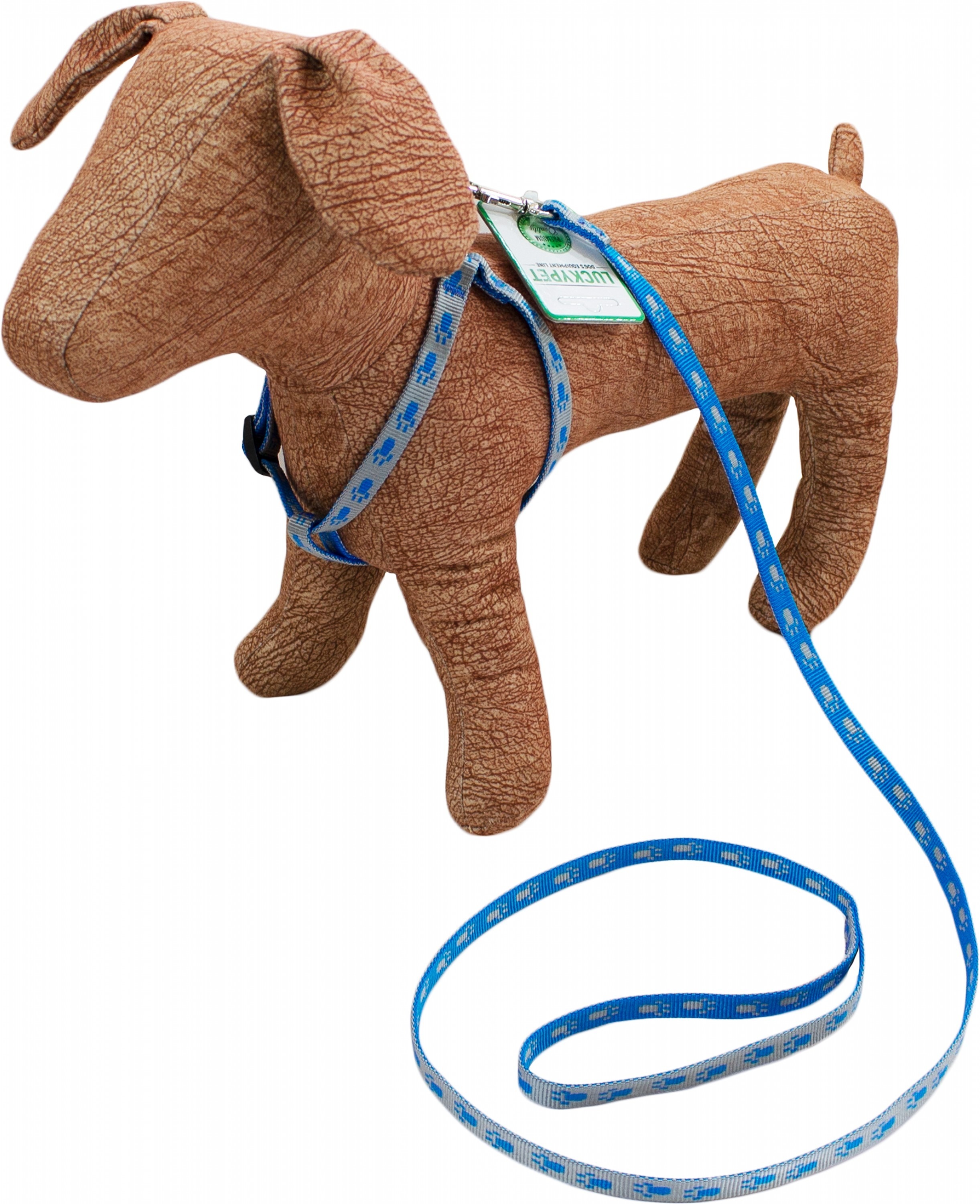 Комплект Lucky Pet поводок+шлея капроновый Лапки серо-голубой 16мм/28-39см/31-48см фото 2