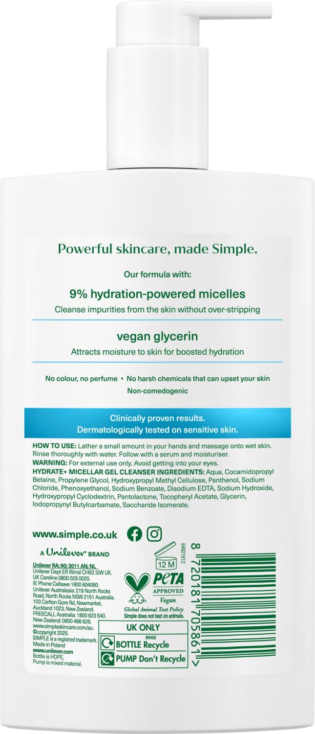 Міцелярний гель для вмивання Simple зволожуючий активний догляд 240 млфото