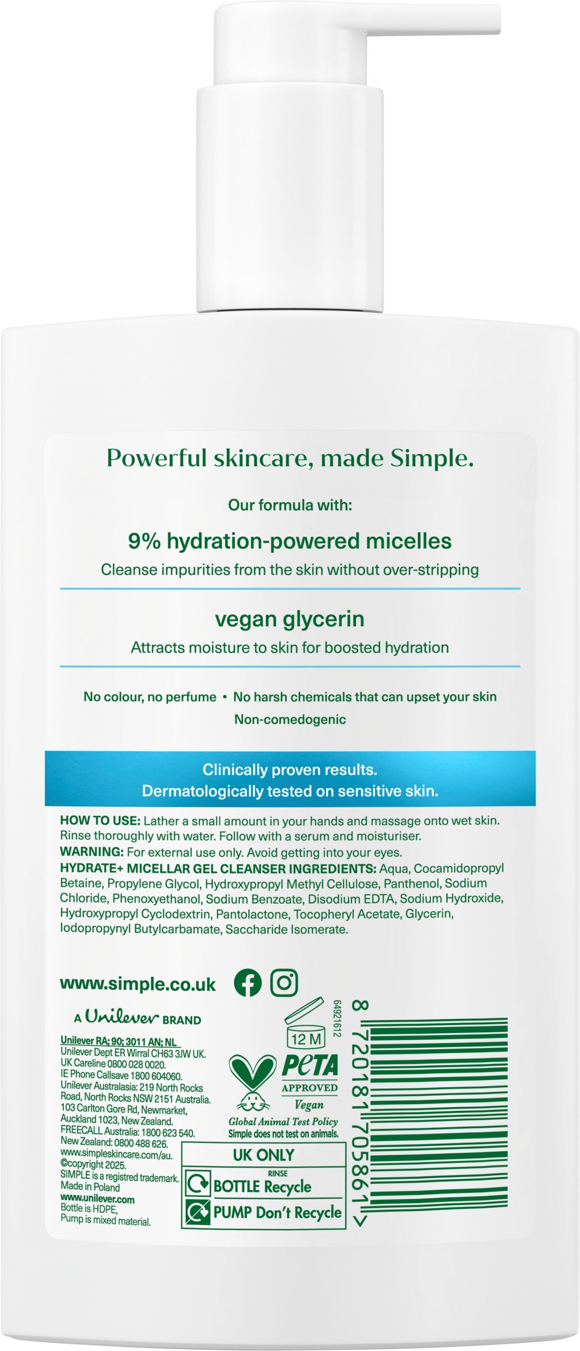 Міцелярний гель для вмивання Simple зволожуючий активний догляд 240 млфото2