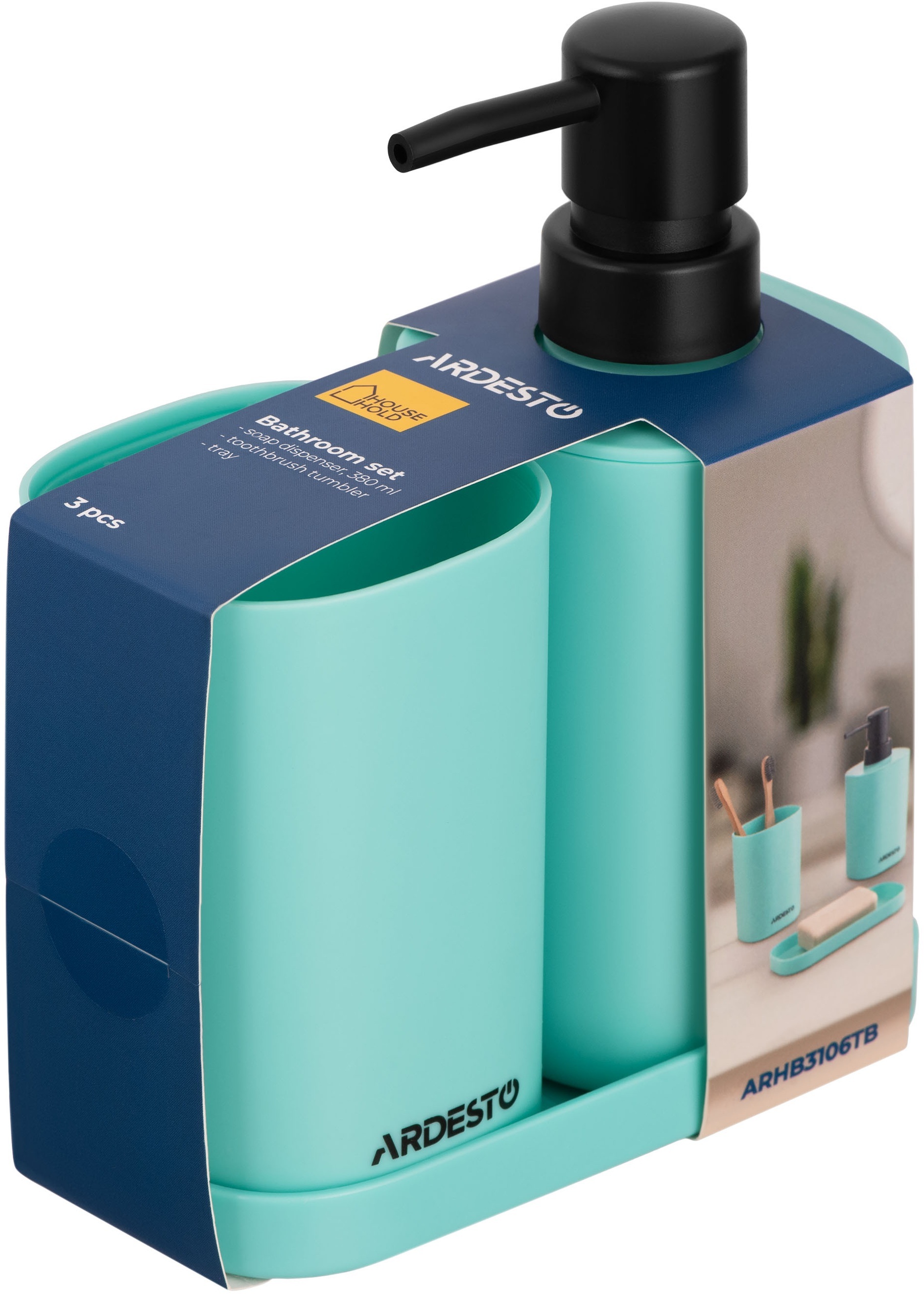 Набор для ванной комнаты ARDESTO Vigor 380мл, 3 предмета, полипропилен, голубой (ARHB3106TB) фото 4