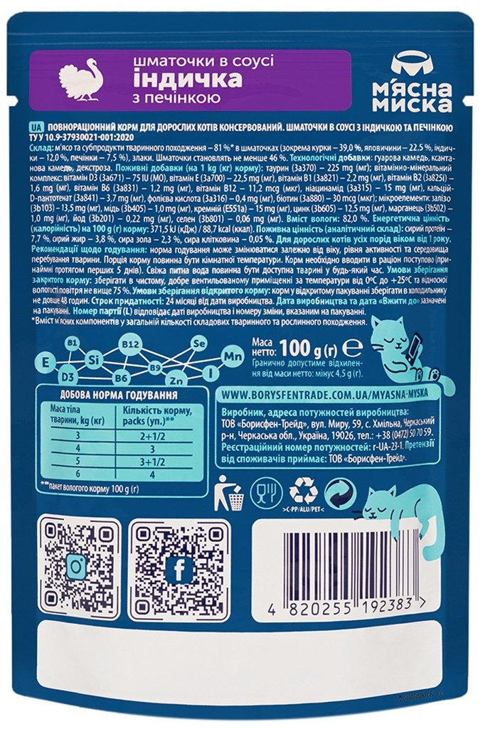 Влажный корм для котов Мясная Миска с индейкой и печенью 100 г фото 2