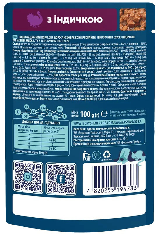 Влажный корм для собак Мясная Миска с индейкой 100г фото