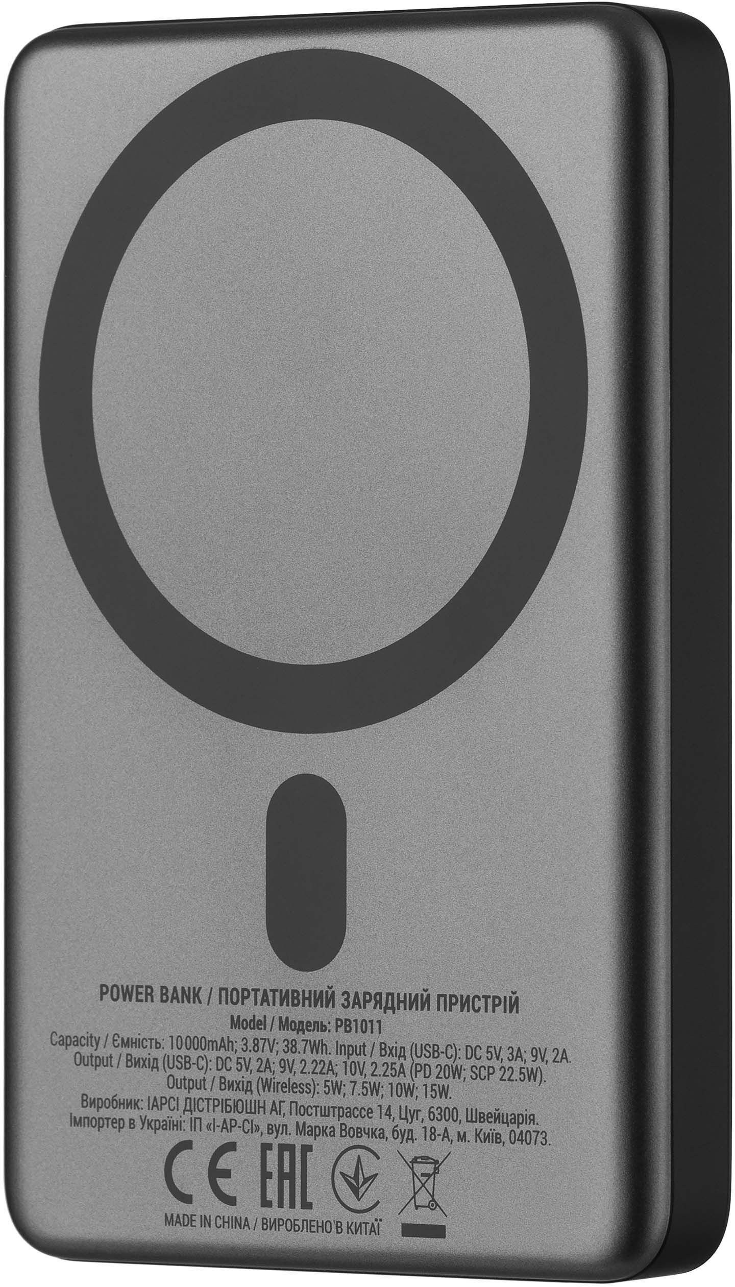 Портативний акумулятор Power Bank 2E Slim Wireless QI 10000mAh 18Вт, PD Grey (2E-PB1011-GREY)фото