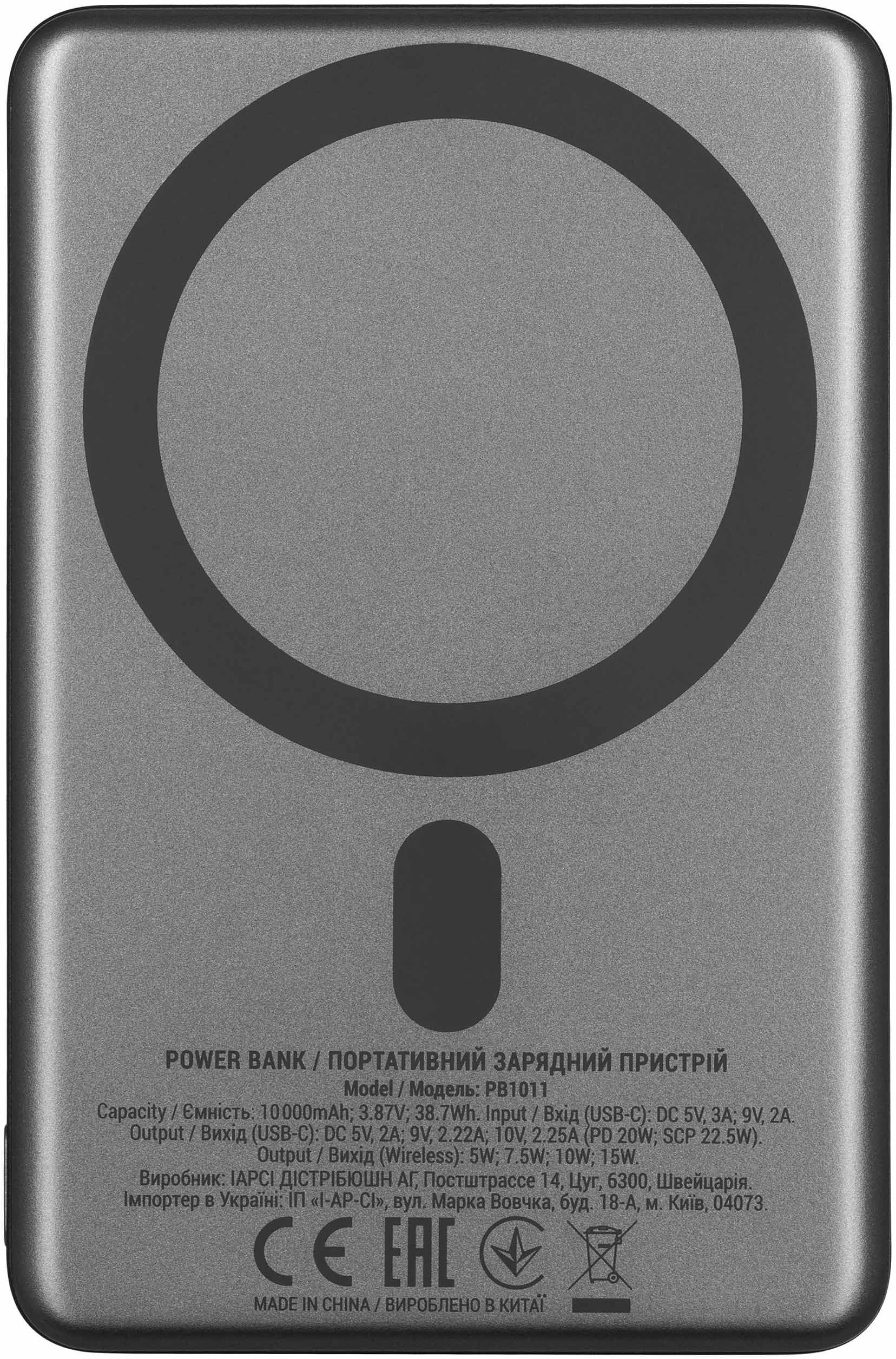 Портативний акумулятор Power Bank 2E Slim Wireless QI 10000mAh 18Вт, PD Grey (2E-PB1011-GREY)фото