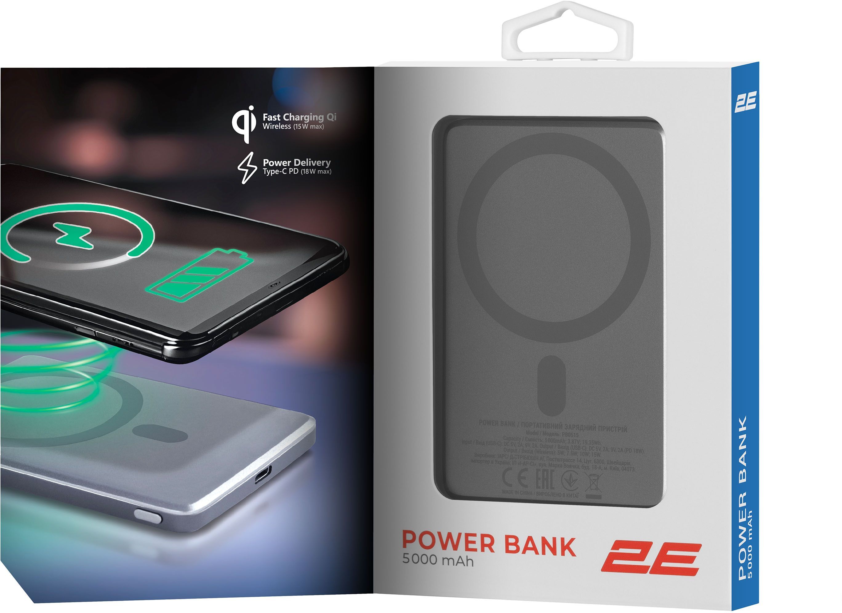 Портативний акумулятор Power Bank 2E Slim Wireless QI 5000mAh 18Вт, PD Grey (2E-PB0515-GREY)фото