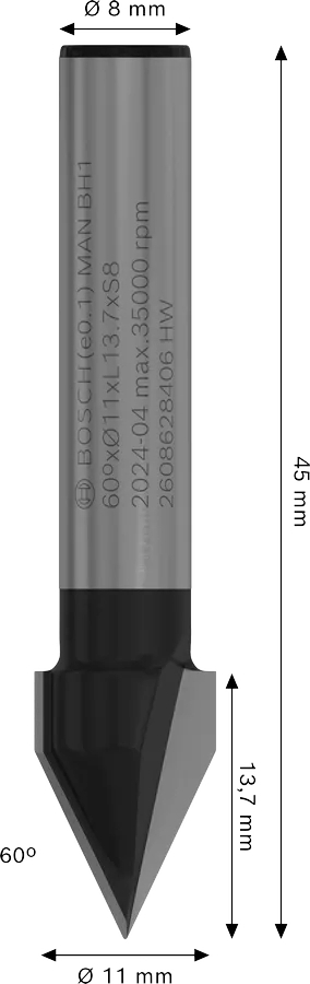 Фреза пазовая V-образная Bosch Professional V Std S8 D11 L13.7 мм, 60° (2.608.628.406) фото 2