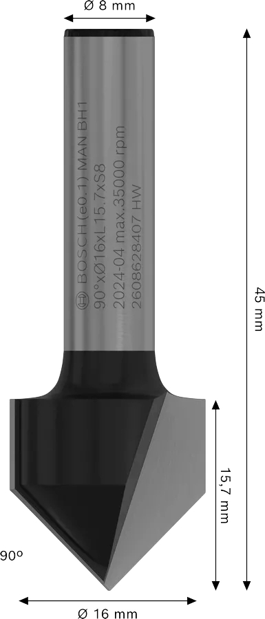 Фреза пазовая V-образная Bosch Professional V Std S8 D16 L15.7 мм, 90° (2.608.628.407) фото 