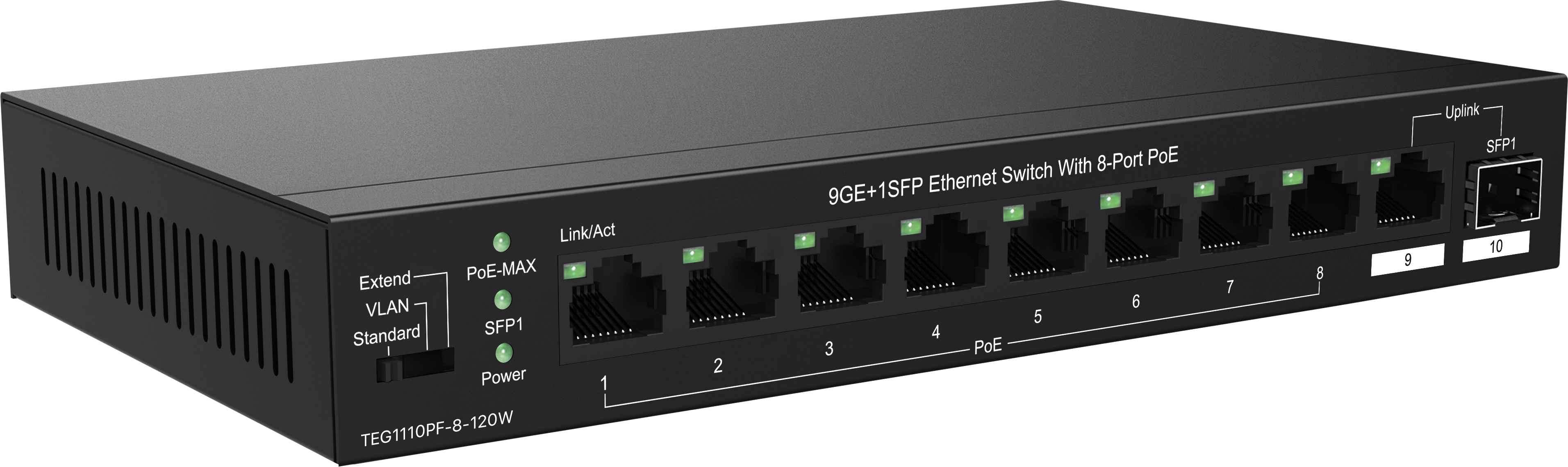 Коммутатор TENDA TEG1110PF-8-120W 8xGE PoE, 1xGE, 1xSFP, Неуправляемый фото 2