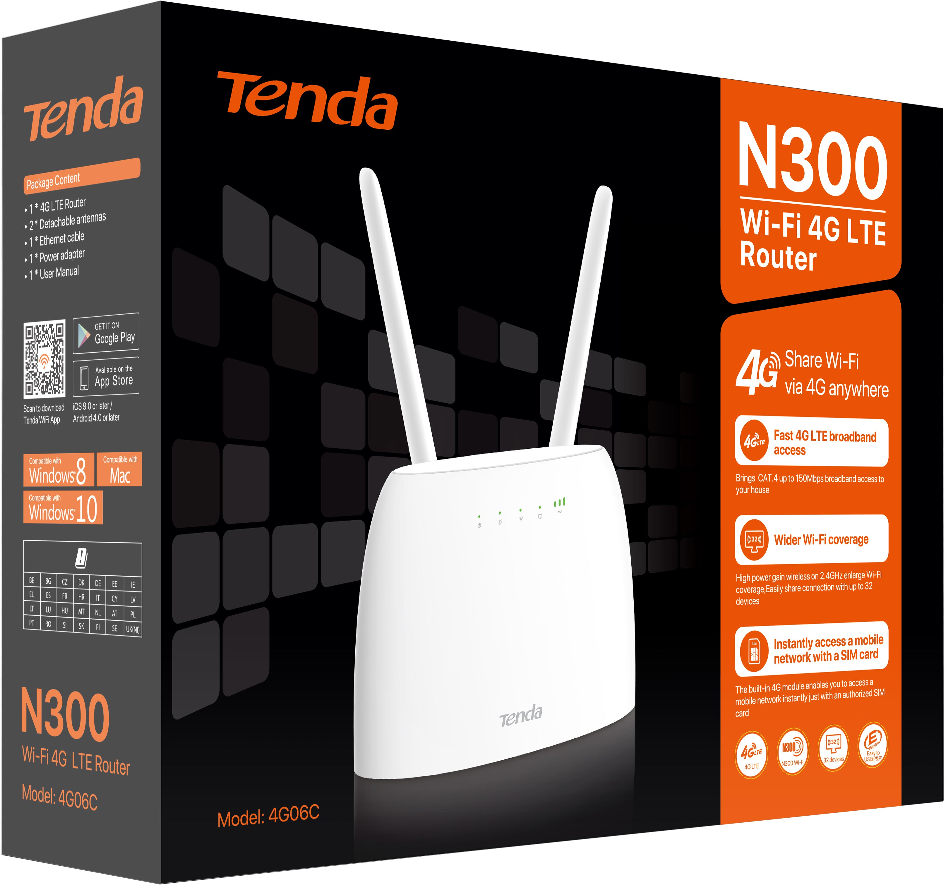 Маршрутизатор TENDA 4G06C N300, 4G/LTE, 1xFE LAN, 1xFE LAN/WAN, 1xRJ11, Cлот для SIM-картифото