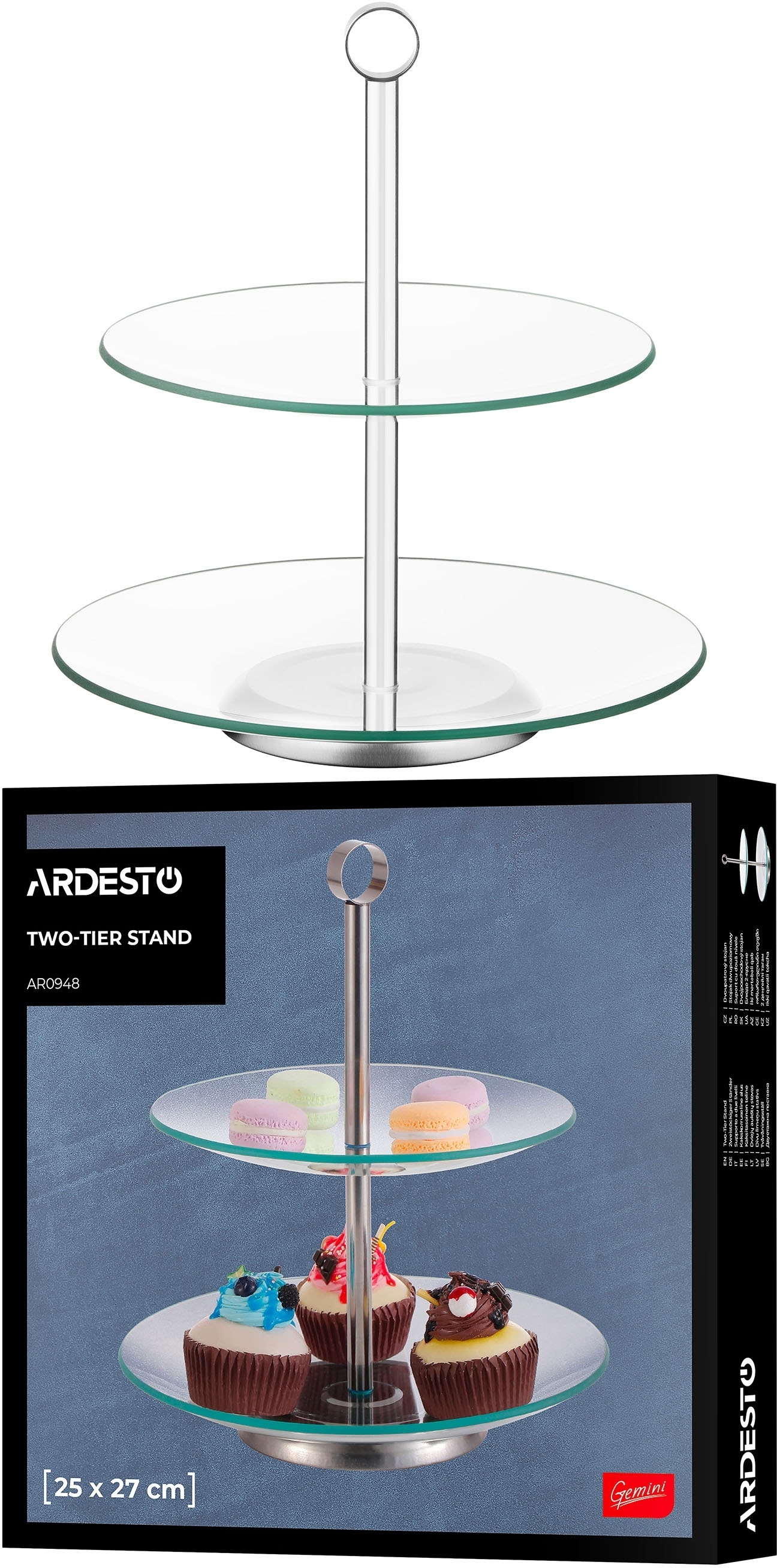 Блюдо 2-х ярусное ARDESTO Gemini, 25х25х27см, стекло, нержавеющая сталь, прозрачный (AR0948) фото4