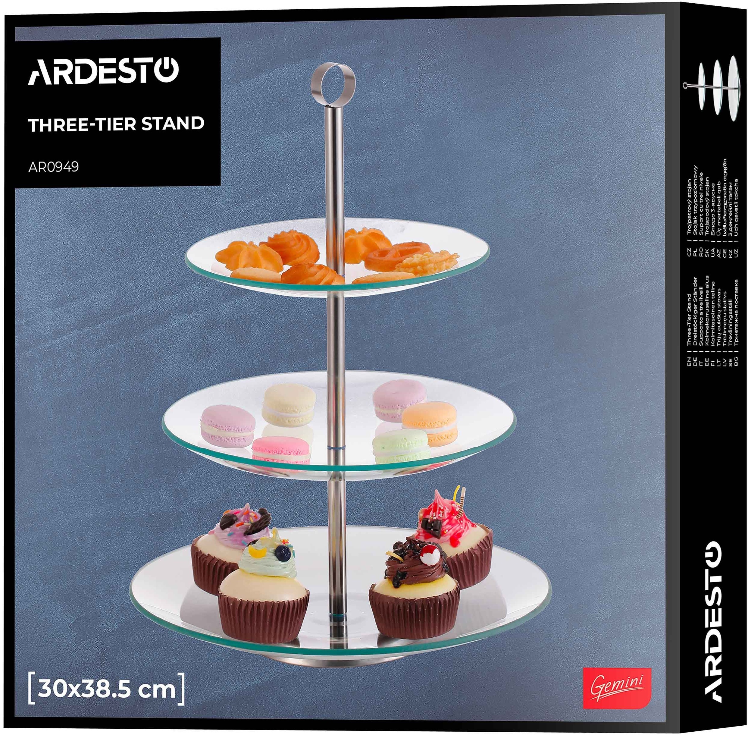 Блюдо 3-х ярусное ARDESTO Gemini, 30х30х38.5см, стекло, нержавеющая сталь, прозрачный (AR0949) фото4