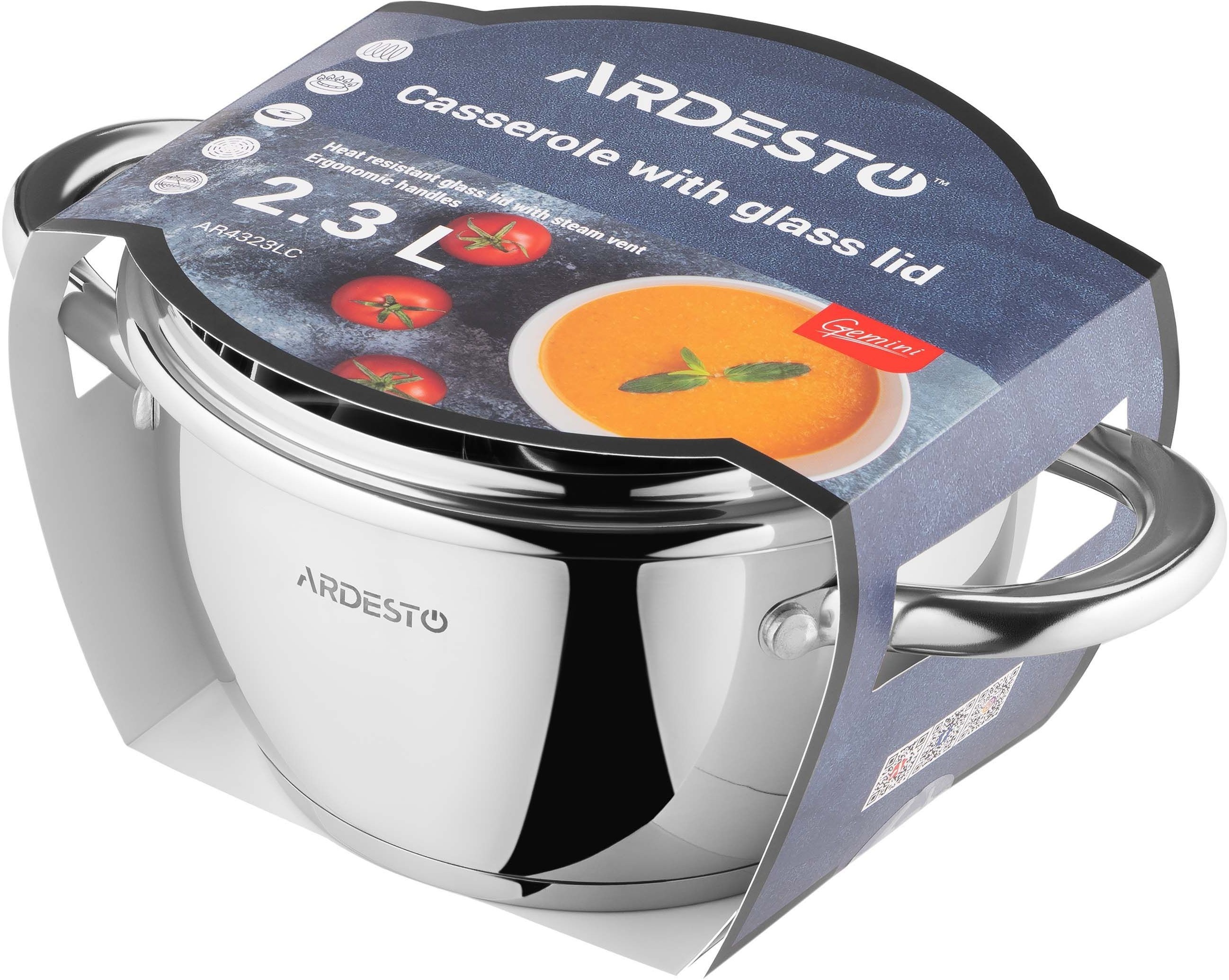 Кастрюля со стеклянной крышкой ARDESTO Gemini Lucca, 2.3л, нержавеющая сталь (AR4323LC) фото 