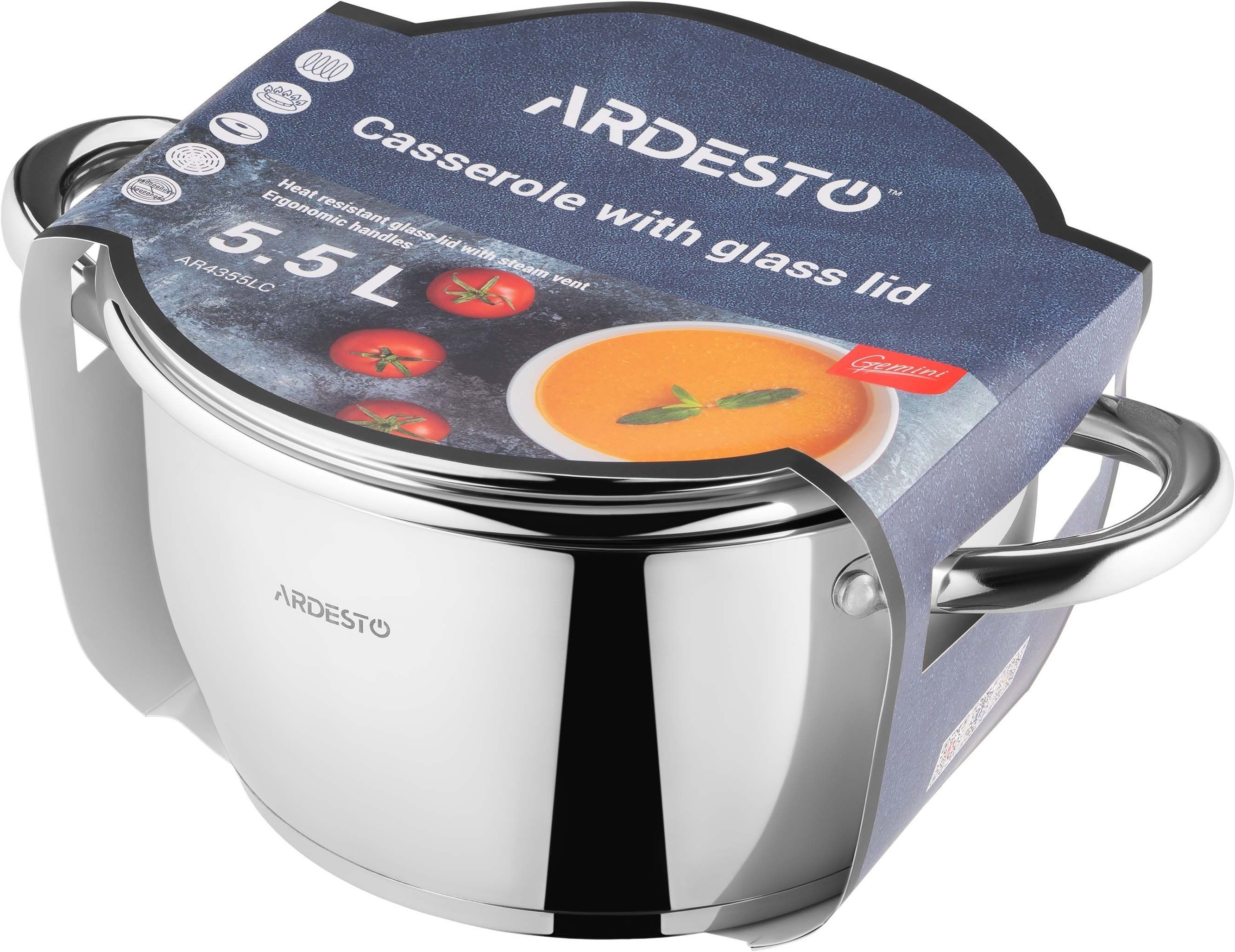 Кастрюля со стеклянной крышкой ARDESTO Gemini Lucca, 5.5л, нержавеющая сталь (AR4355LC) фото 