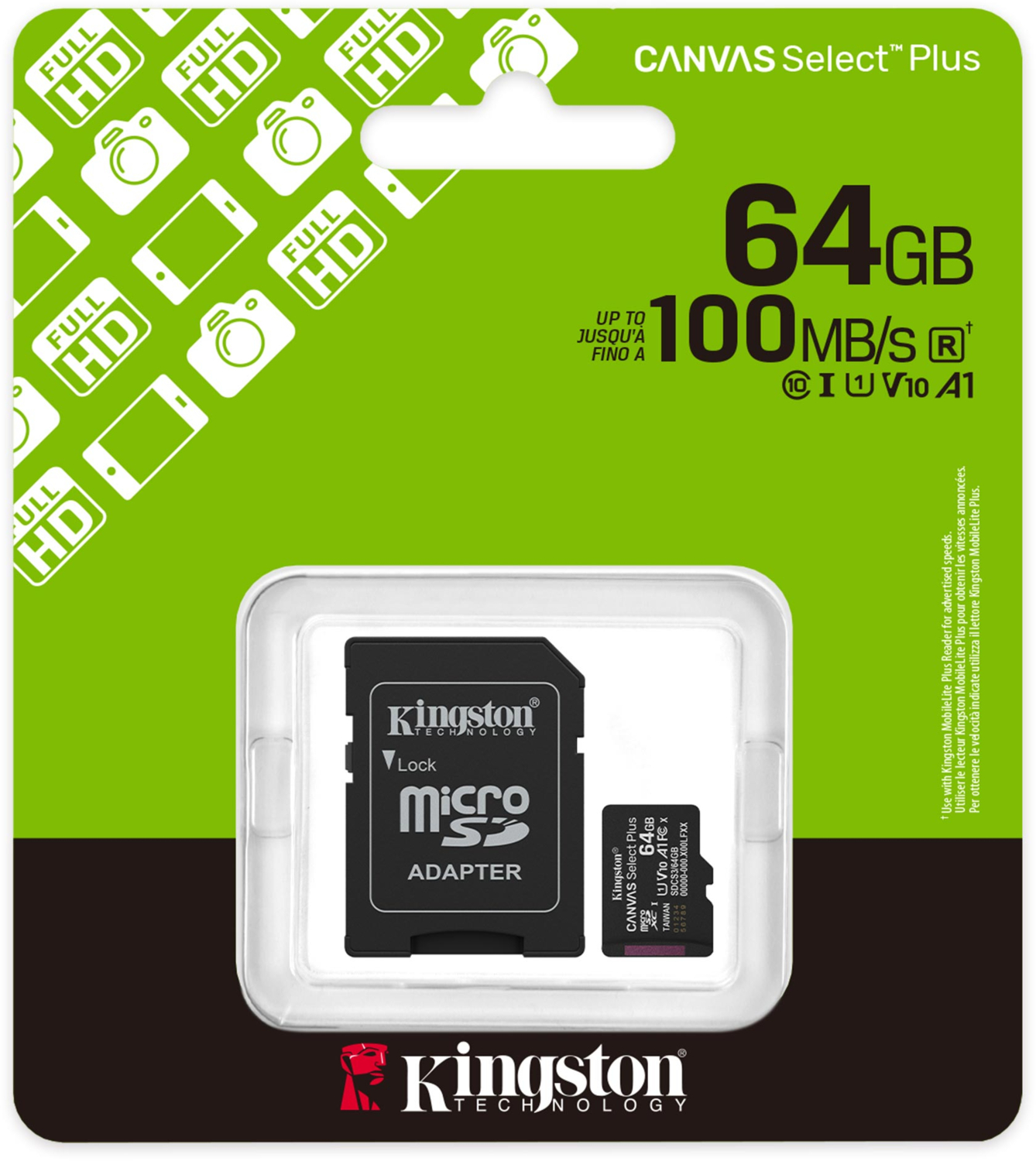 Карта пам'яті Kingston microSD 64GB C10 UHS-I A1 V10 R100MB/s + SD (SDCS3/64GB)фото