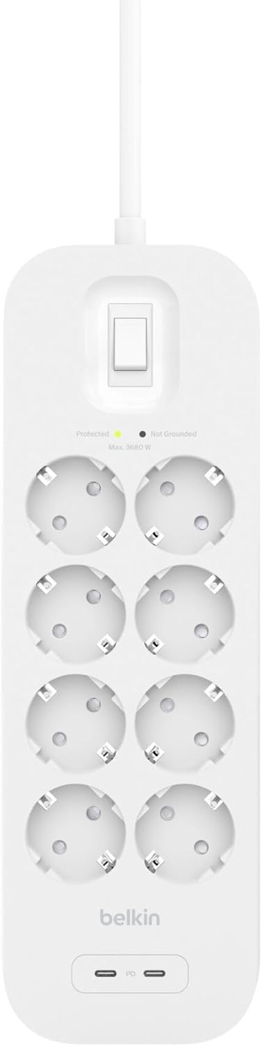 Сетевой фильтр Belkin 8хТип F, 3x1.5мм кв, 16А, USB-C/USB-C 30Вт, 2м (SRB004VF2M) фото 