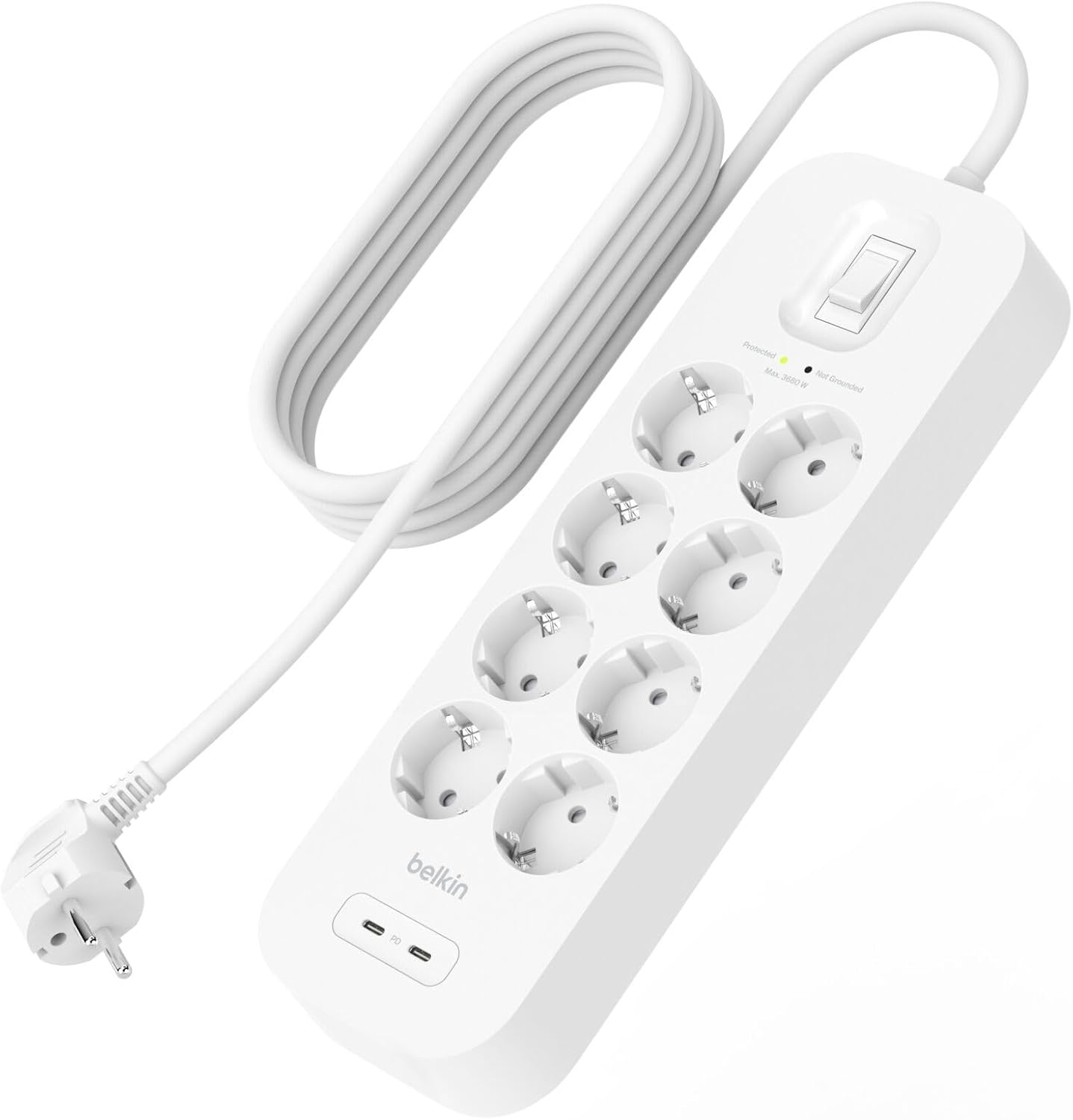 Сетевой фильтр Belkin 8хТип F, 3x1.5мм кв, 16А, USB-C/USB-C 30Вт, 2м (SRB004VF2M) фото 