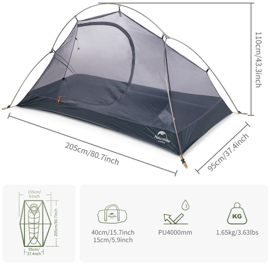 Палатка сверхлегкая одноместная с футпринтом Naturehike Cycling 1 NH18A095-D 210T фото 4