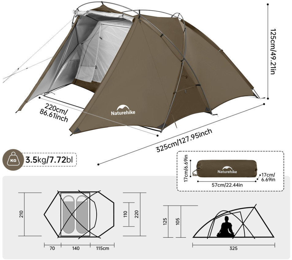 Палатка двухместная Naturehike CNK2300ZP040, коричневая фото 2
